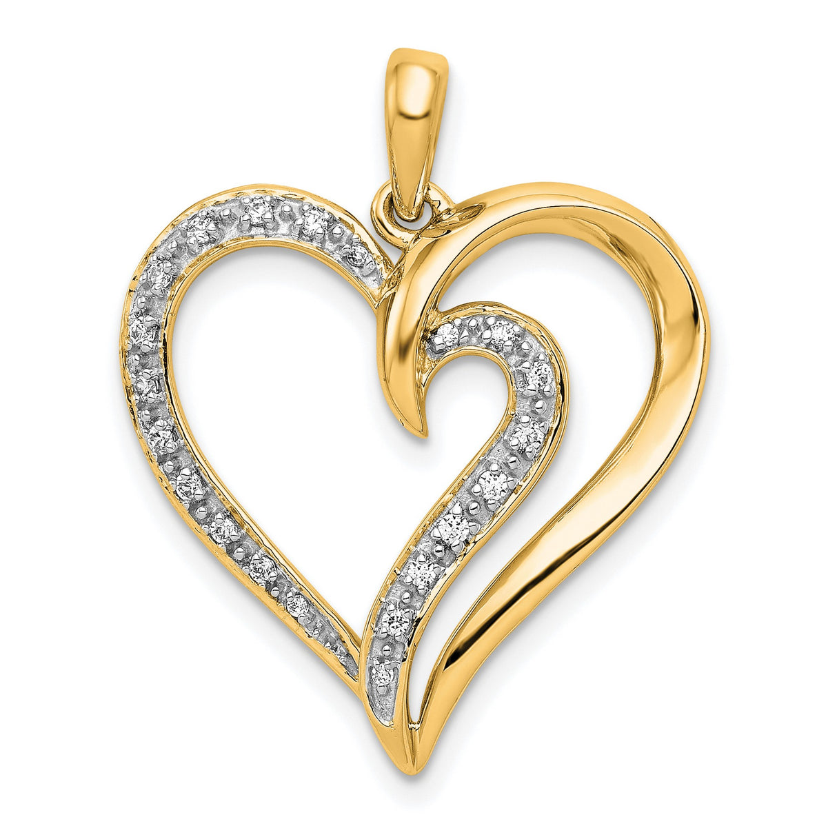 14k Yellow Gold Heart Pendant with Diamond Accents, Flowing Open Heart Design for Women