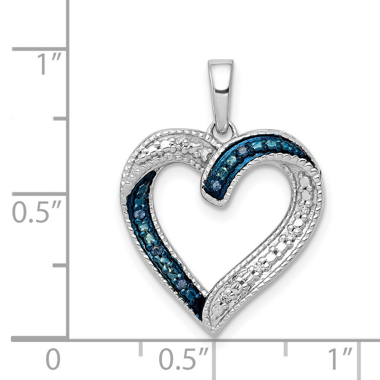 14k White Gold Heart Pendant with Blue and White Diamond Accents, Open Heart Design for Women