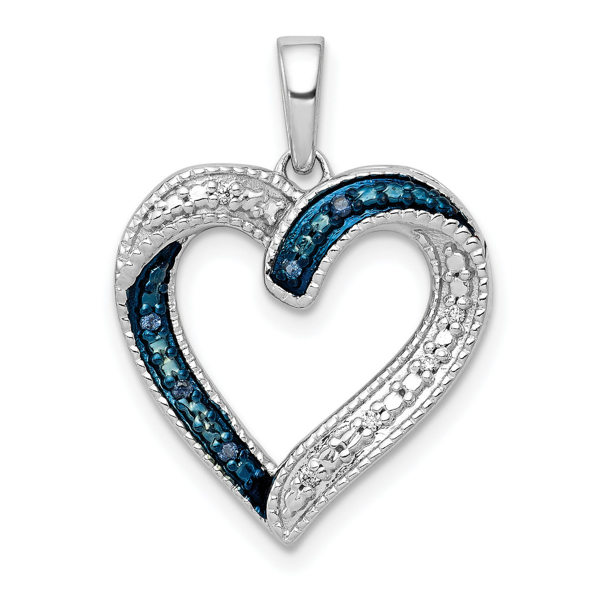 14k White Gold Heart Pendant with Blue and White Diamond Accents, Open Heart Design for Women
