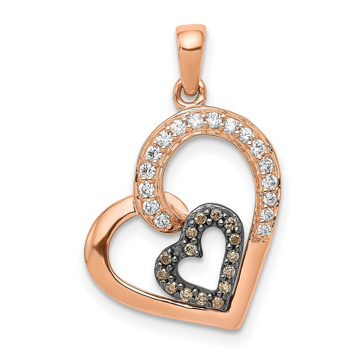14k Rose Gold Heart Pendant with Champagne and White Diamonds, Romantic Symbolic Jewelry