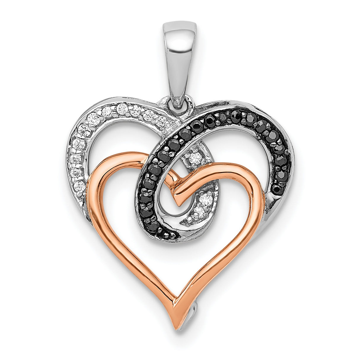 14k Two-Tone Gold Heart Pendant with Interlocking Hearts and Black & White Cubic Zirconia