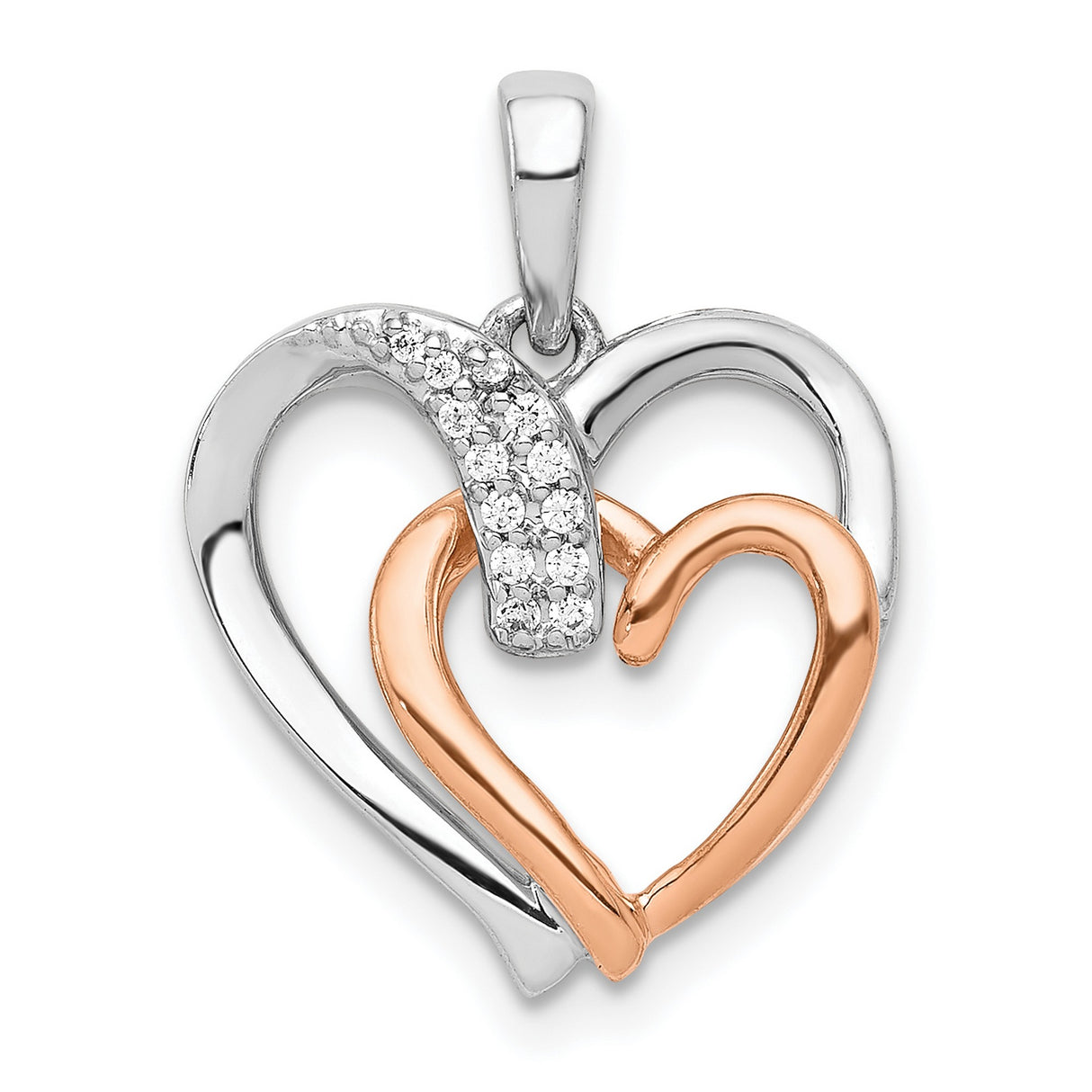 14k Two-Tone Gold Heart Pendant with Cubic Zirconia, Interlocking Heart Design