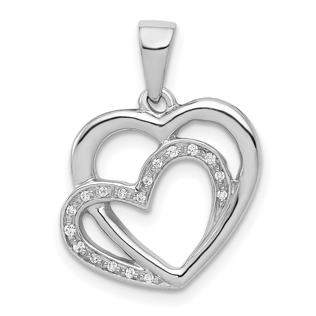 14k White Gold Heart Pendant with Intertwined Open Hearts and Cubic Zirconia