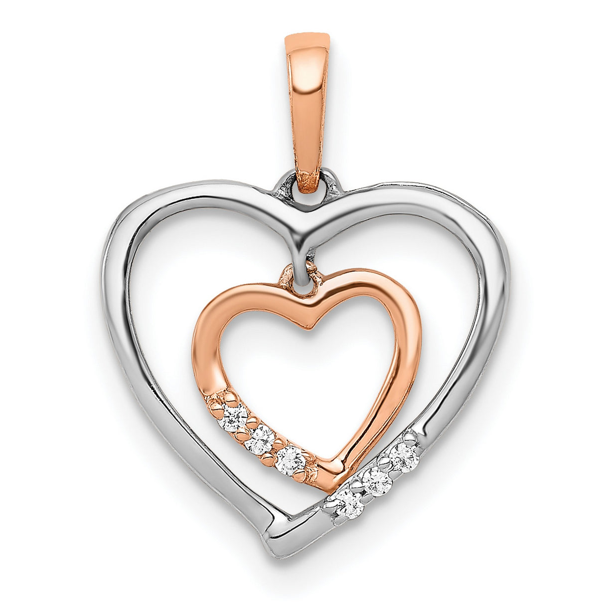 14k Two-Tone Gold Heart Pendant with Diamond Accents, Interlocking Rose and White Gold Hearts