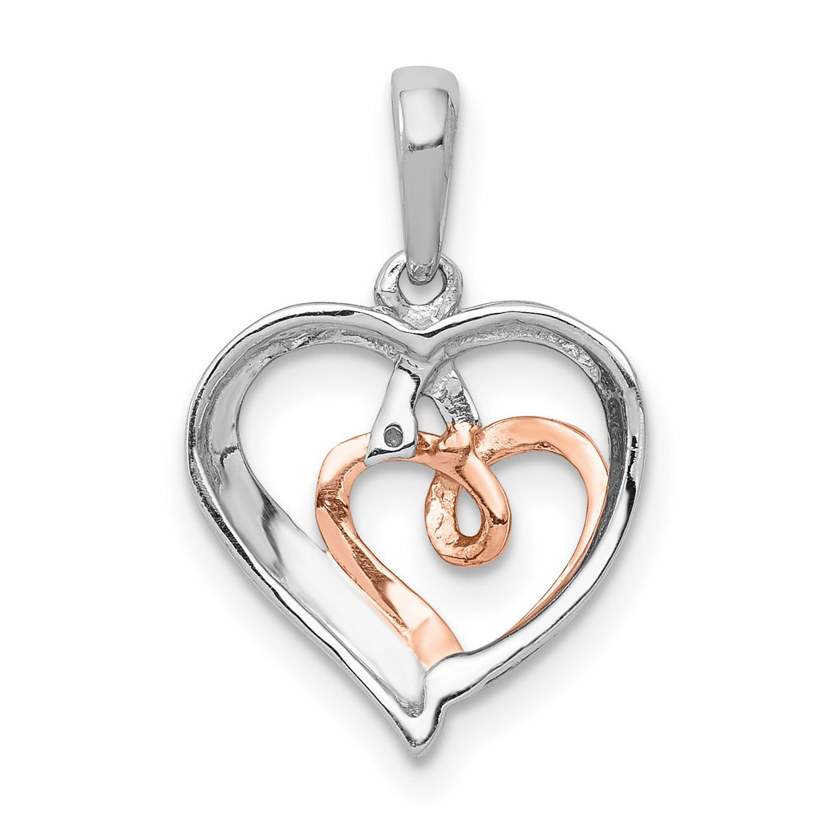 14k Two-Tone Gold Heart Pendant with Diamond Accents, Intertwined Rose and White Gold Hearts