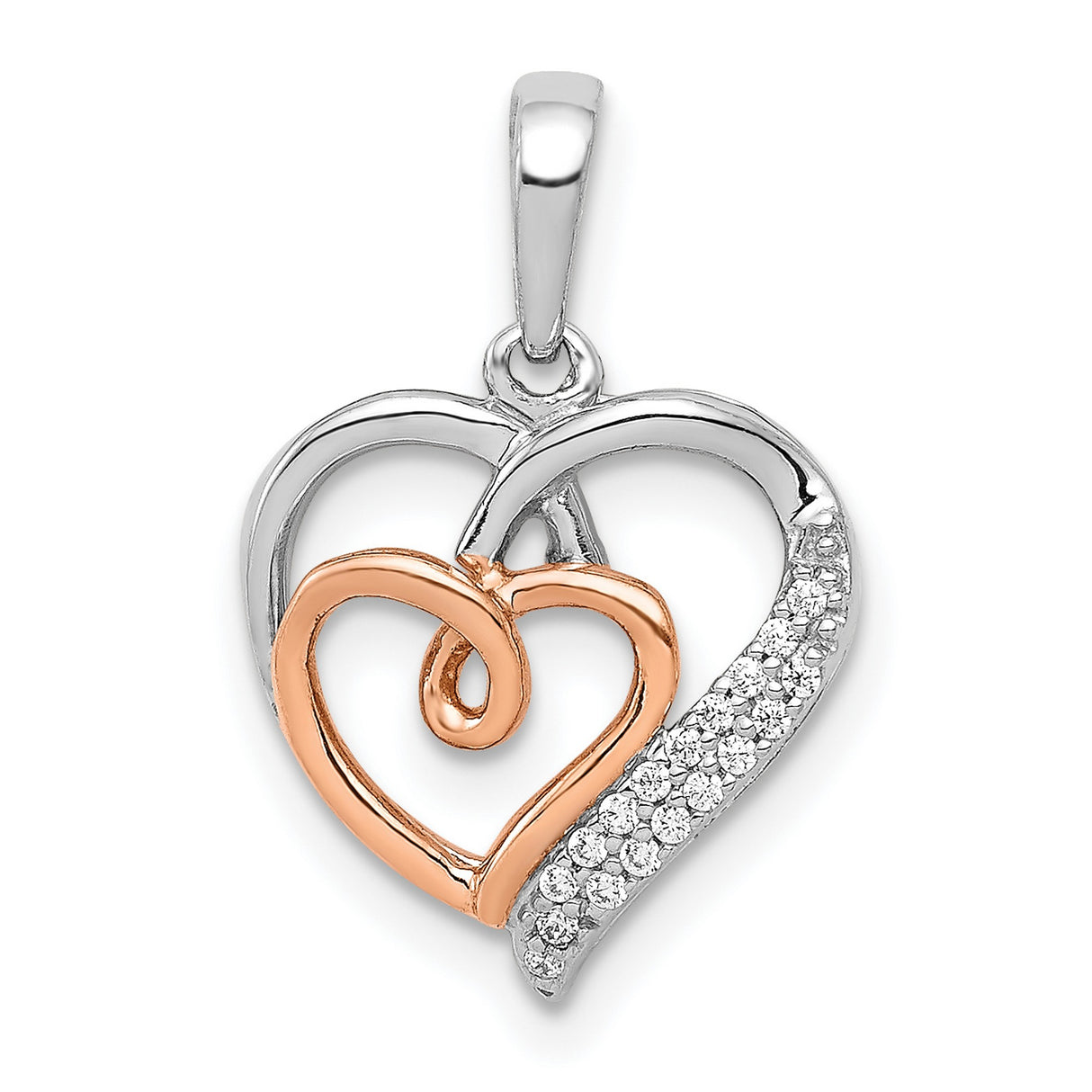 14k Two-Tone Gold Heart Pendant with Diamond Accents, Intertwined Rose and White Gold Hearts