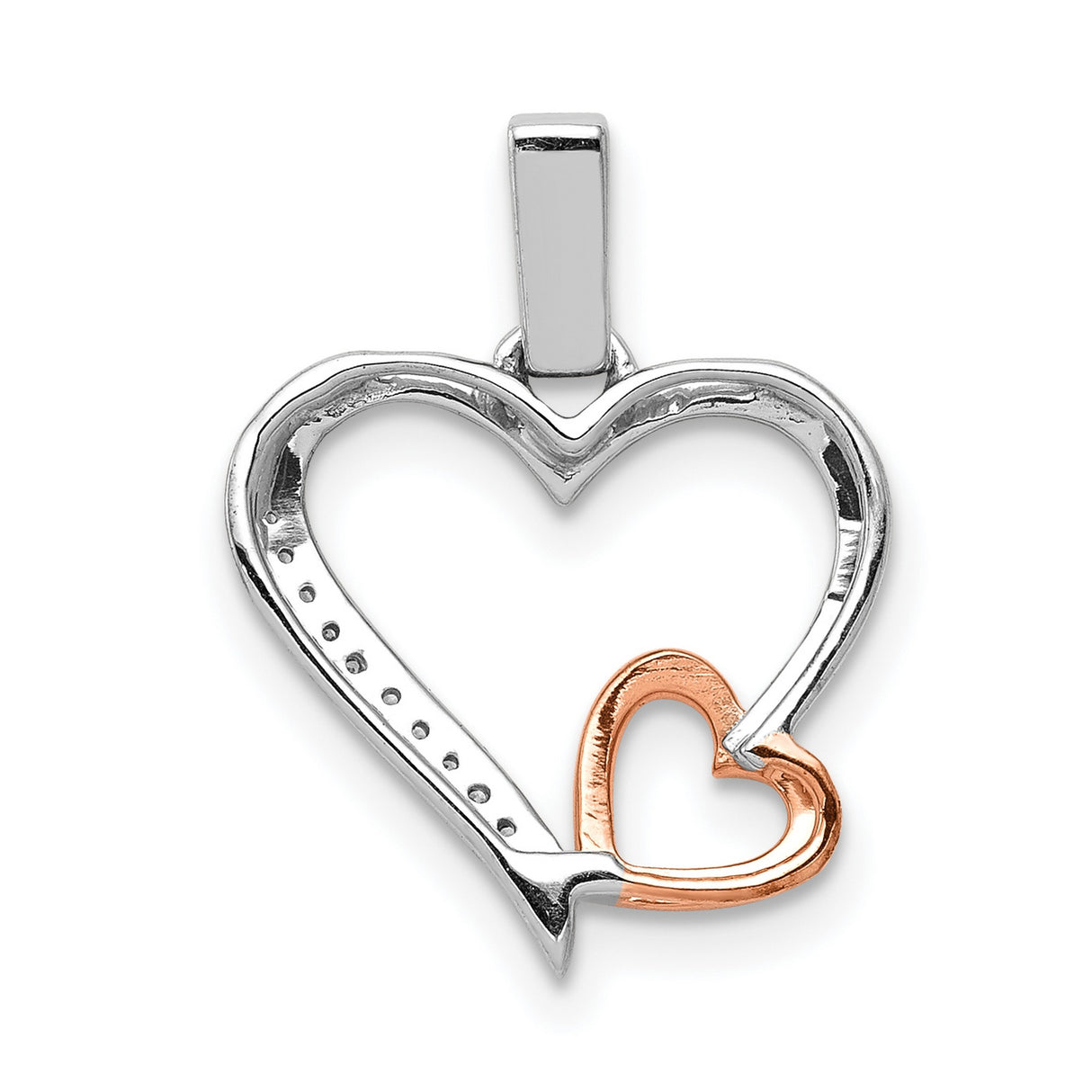 14k Two-Tone Gold Heart Pendant with Pavé Diamonds, Interlocking Rose and White Gold Hearts