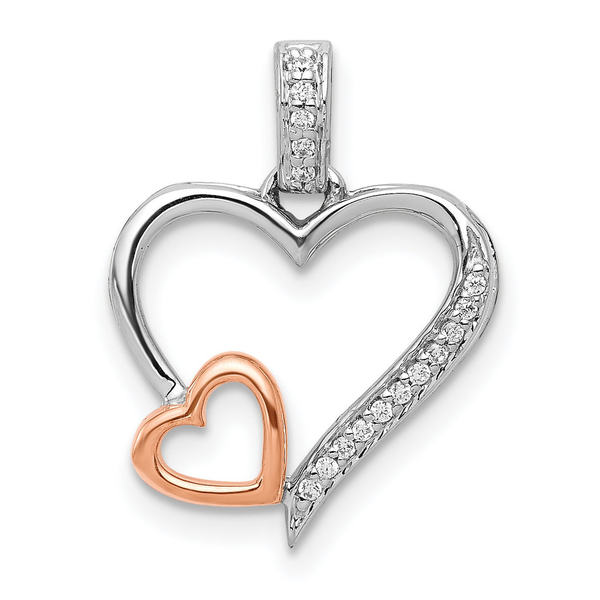 14k Two-Tone Gold Heart Pendant with Pavé Diamonds, Interlocking Rose and White Gold Hearts