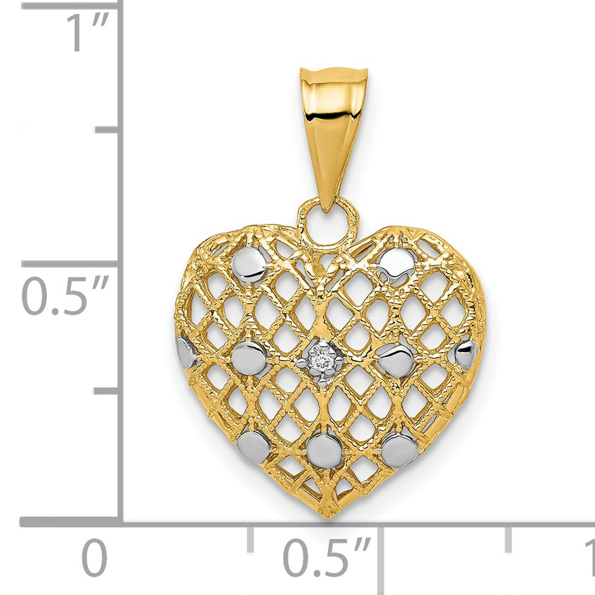 10k Multi-Tone Gold Heart Pendant with Diamond Detail and Rhodium Accents, Open Lattice Design