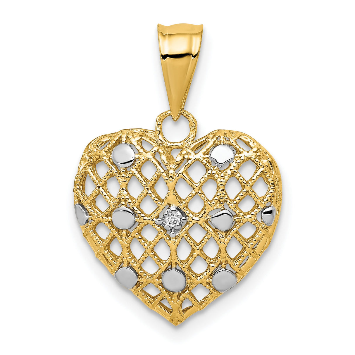 14k Multi-Tone Gold Heart Pendant with Diamond, Open Lattice Design and White Accents