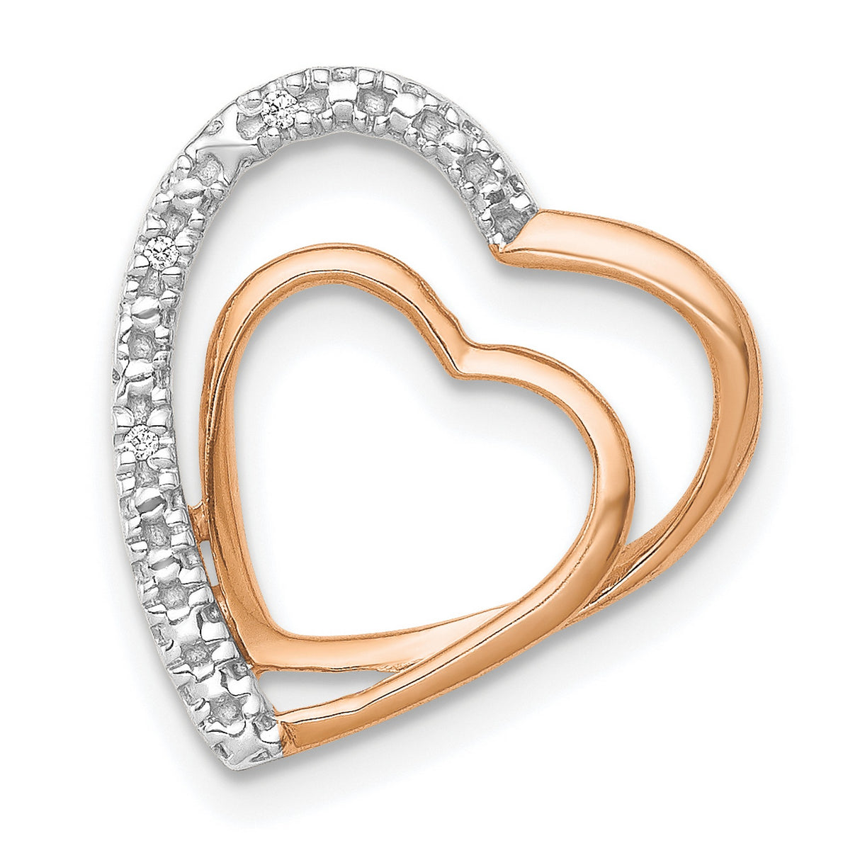 14k Rose Gold Heart Pendant with Diamonds, Overlapping Double Hearts, Romantic Jewelry