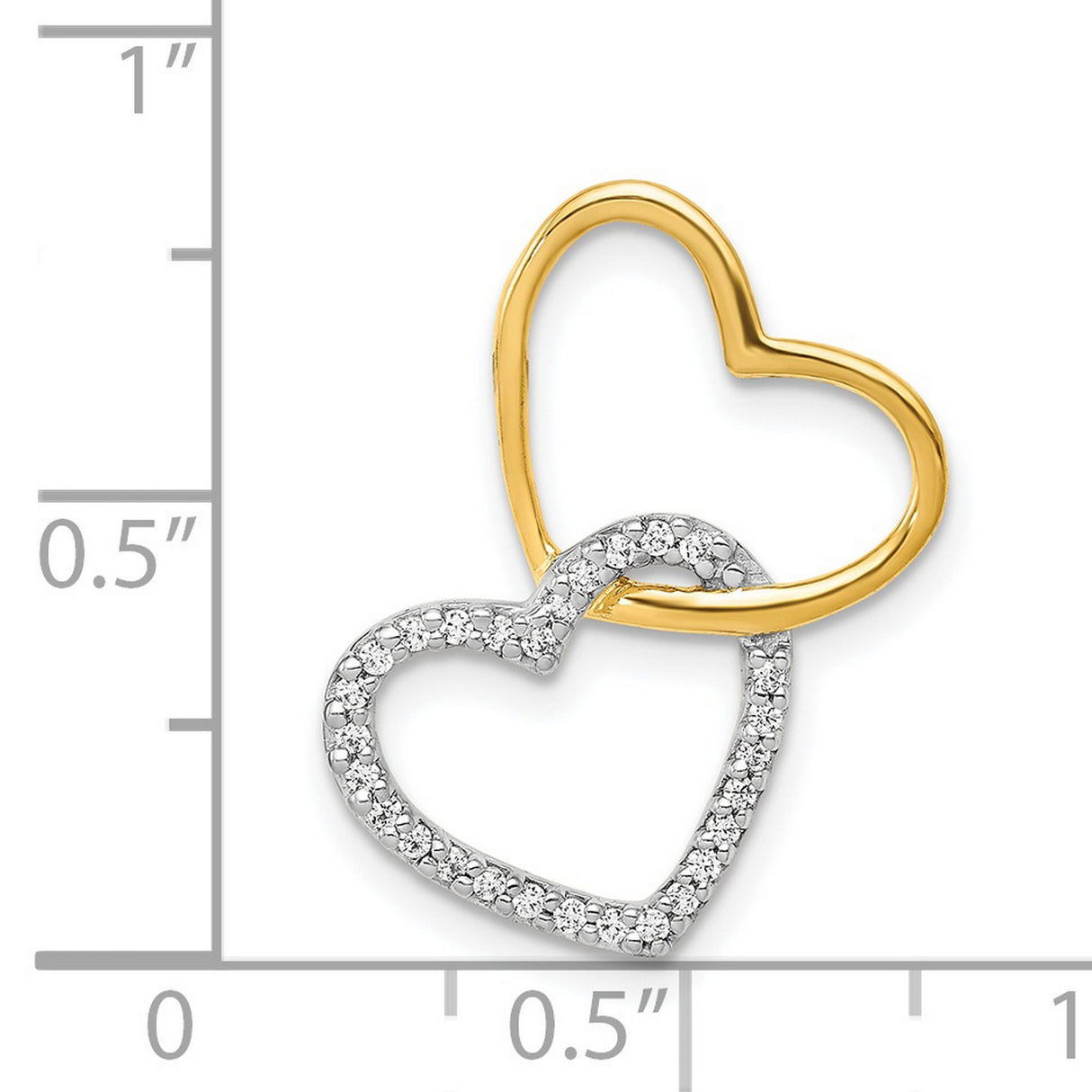 14k Two-Tone Gold Double Heart Pendant with Diamonds, Polished Yellow and White Gold Hearts