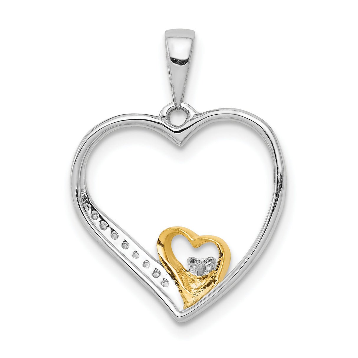 14k Two Tone Gold Heart Pendant with Diamond Accent and Pave Cubic Zirconia