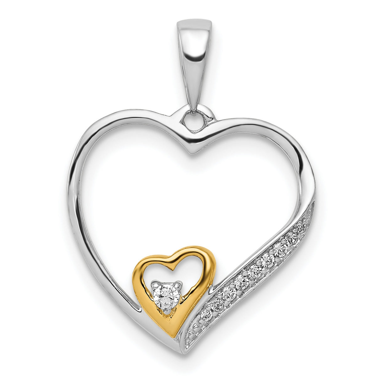 14k Two Tone Gold Heart Pendant with Diamond Accent and Pave Cubic Zirconia