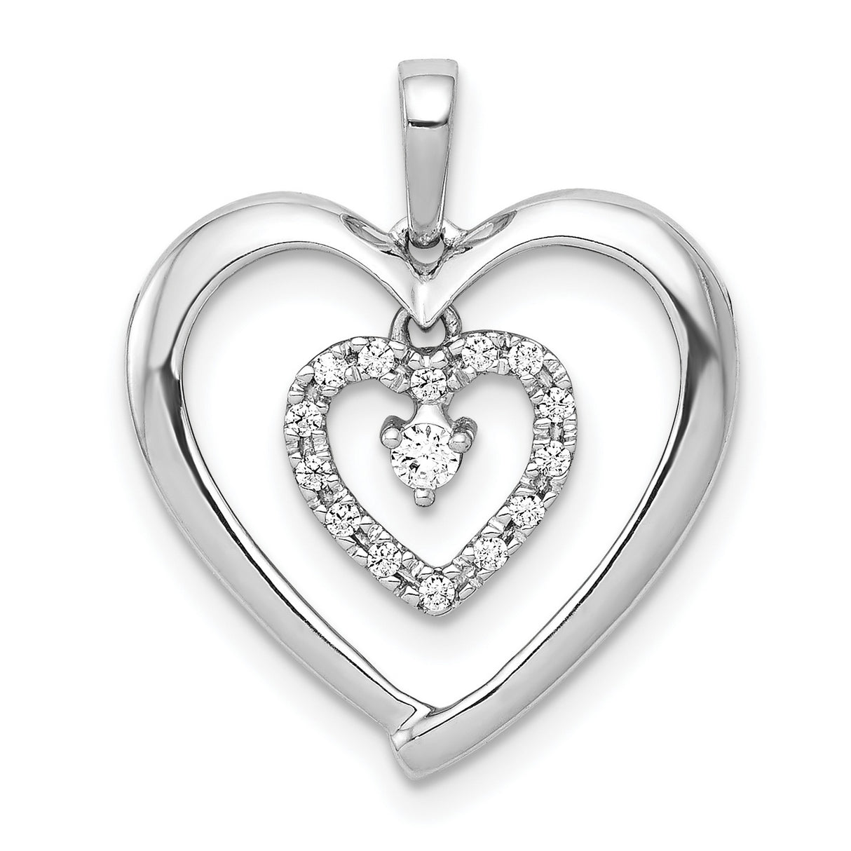 14k White Gold Heart Pendant with Diamond, Double Heart Design, Romantic Jewelry for Women