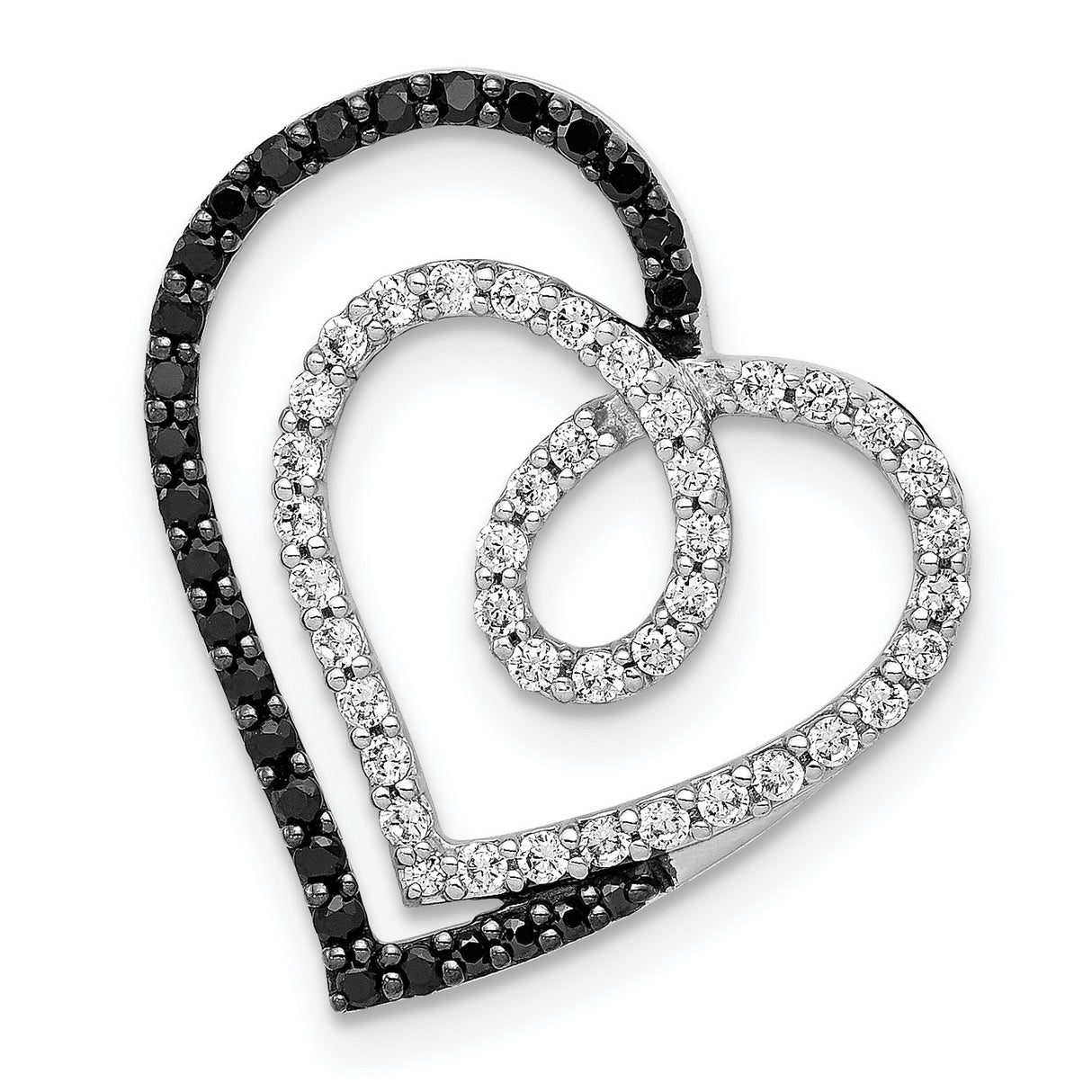 14k White Gold Intertwined Hearts Pendant with Black and White Diamonds, Romantic Jewelry for Women