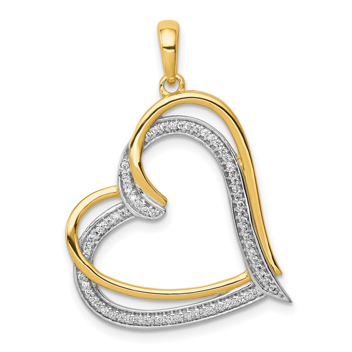 14k Yellow Gold Heart Pendant with Diamond, Open Heart Design, Polished and Pavé Style for Women