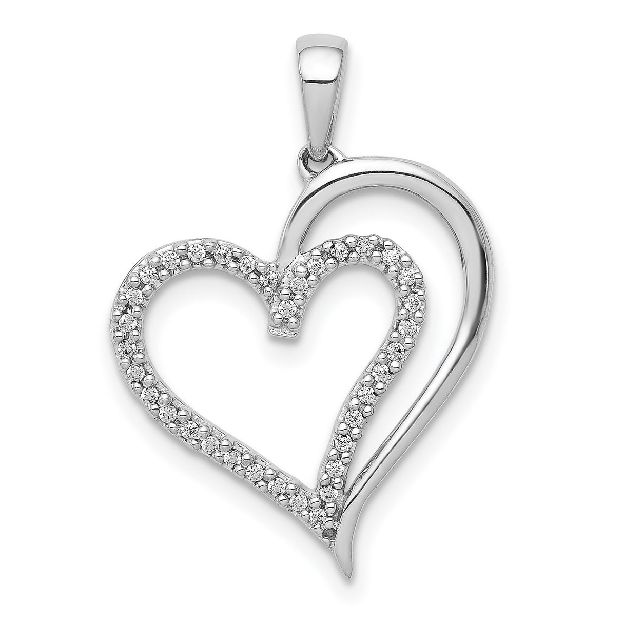 10k White Gold Heart Pendant with Open Double Heart Design and Cubic Zirconia Accents