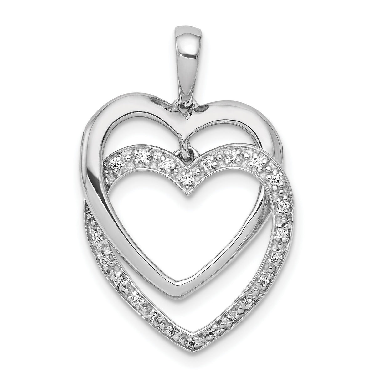 14k White Gold Double Heart Pendant with Cubic Zirconia, Romantic Intertwined Design for Women