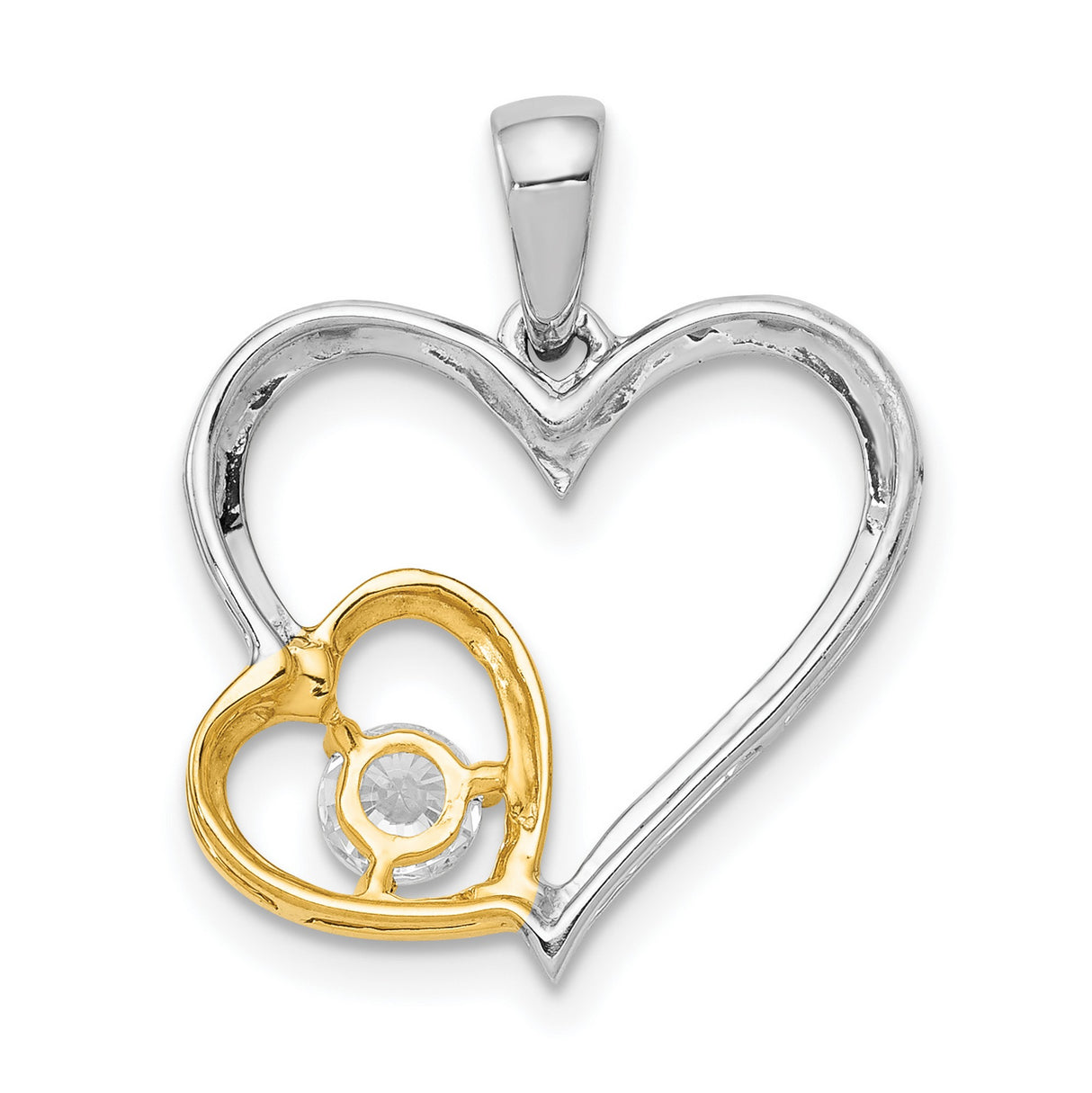 14k Two-Tone Gold Double Heart Pendant with Diamond Accent, Open Heart Charm for Women