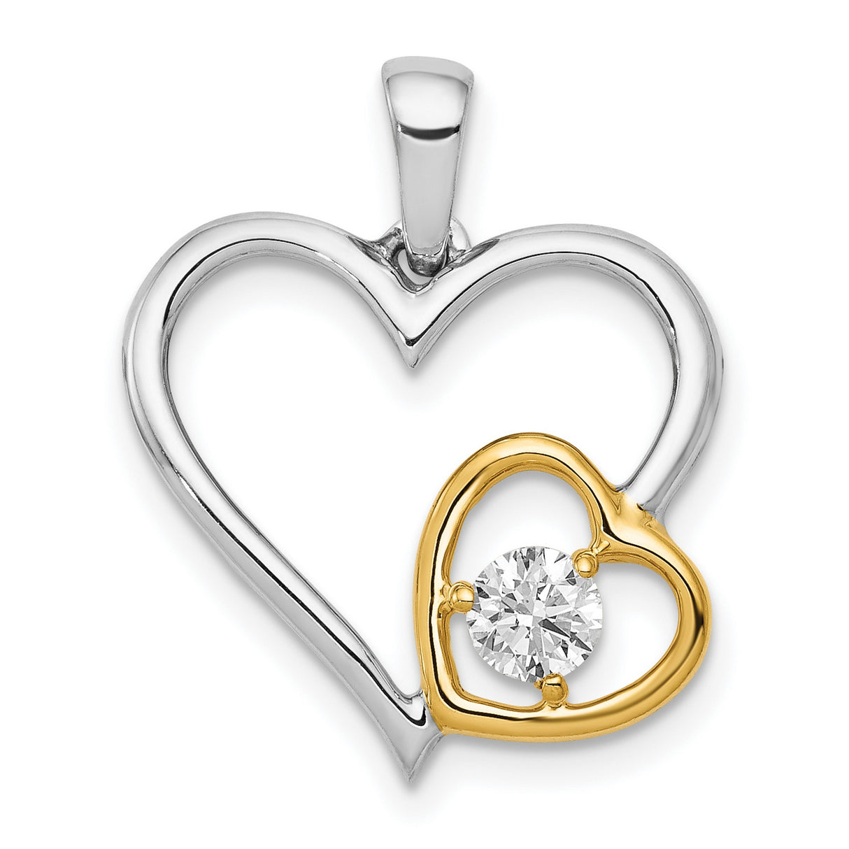 14k Two-Tone Gold Double Heart Pendant with Diamond Accent, Open Heart Charm for Women