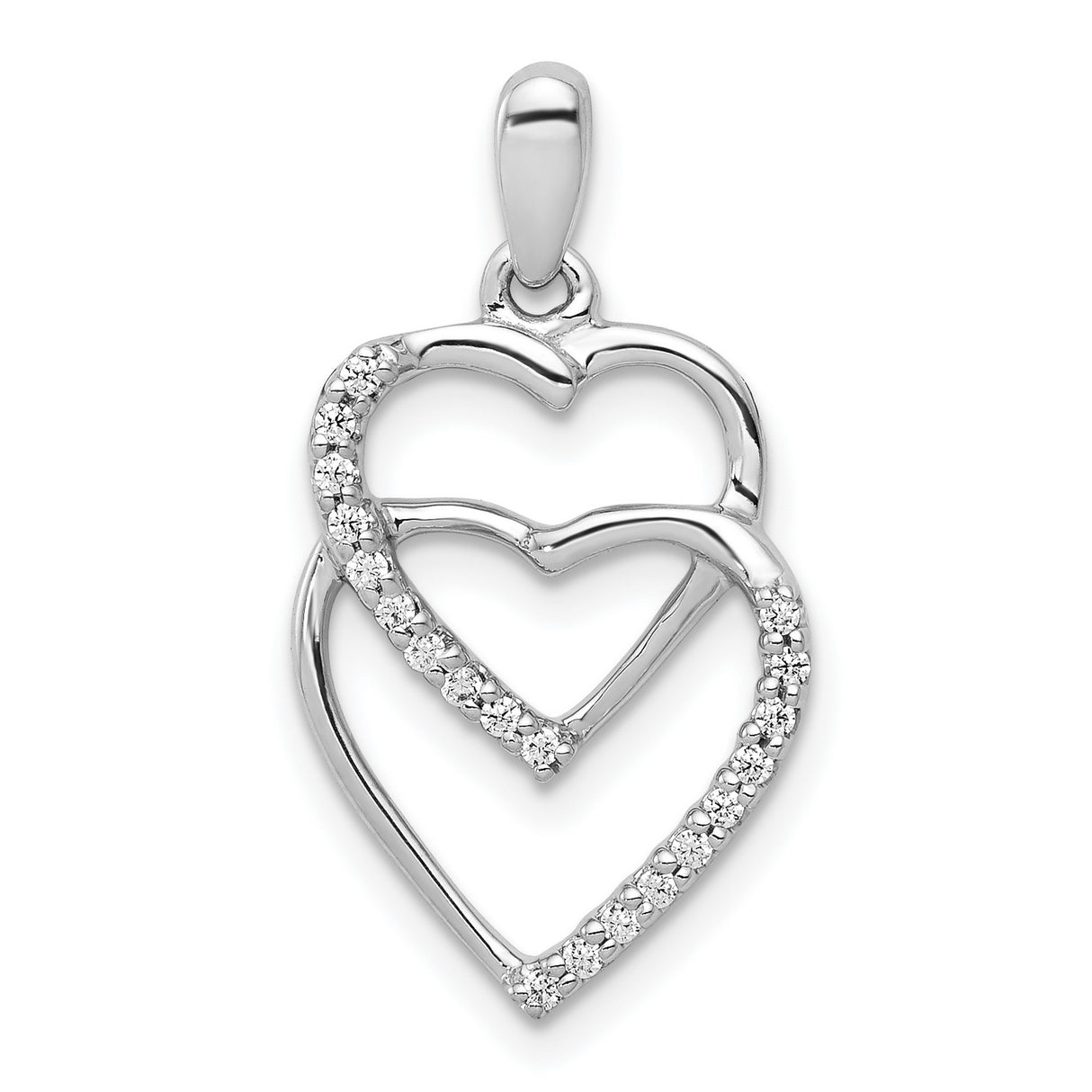 14k White Gold Double Heart Pendant with Diamonds, Interlocking Open Heart Design for Women