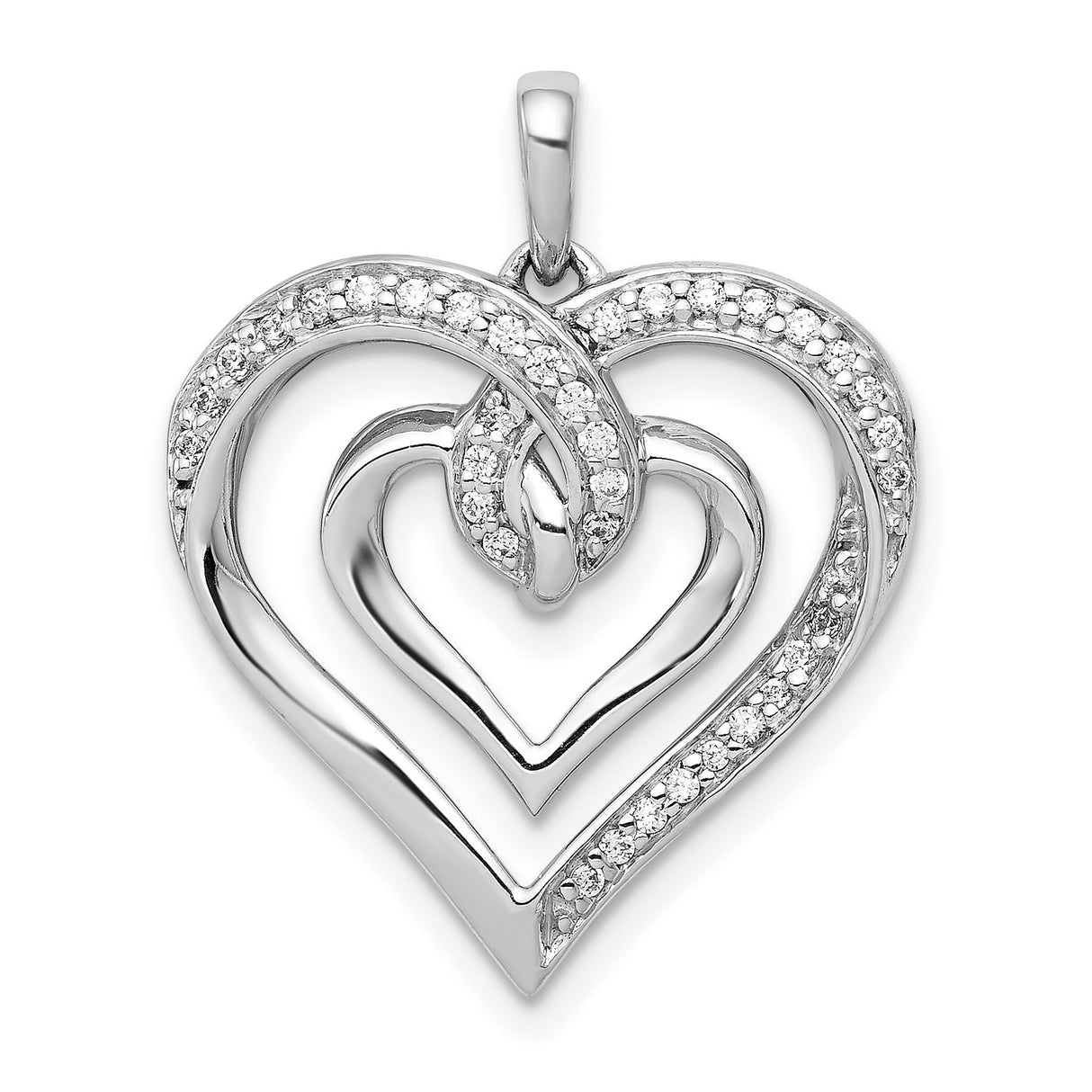 14k White Gold Heart Pendant with Diamond Accents, Interlocking Open Hearts Design