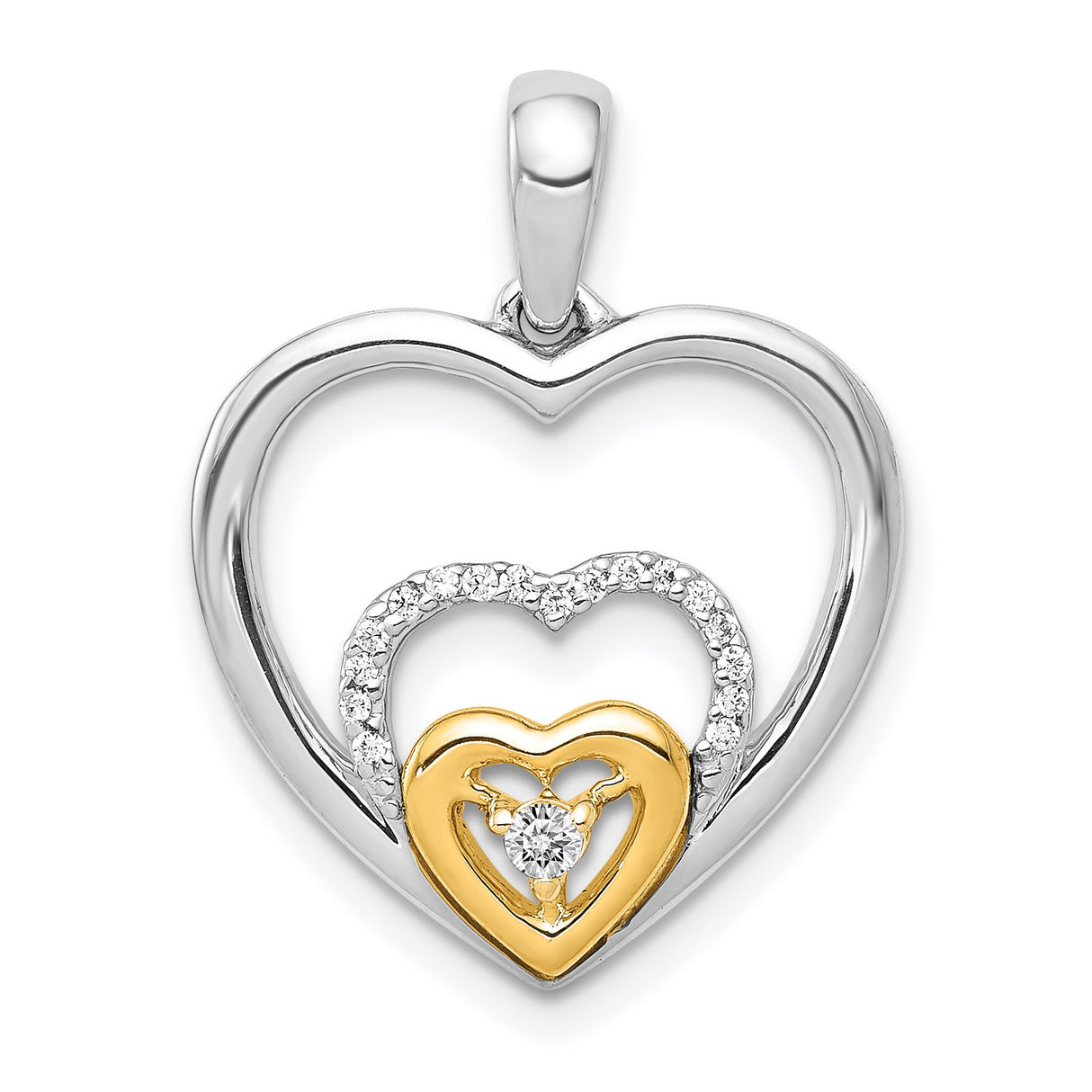 14k Two-Tone Gold Heart Pendant with Diamond Accent, Triple Nested Filigree Hearts