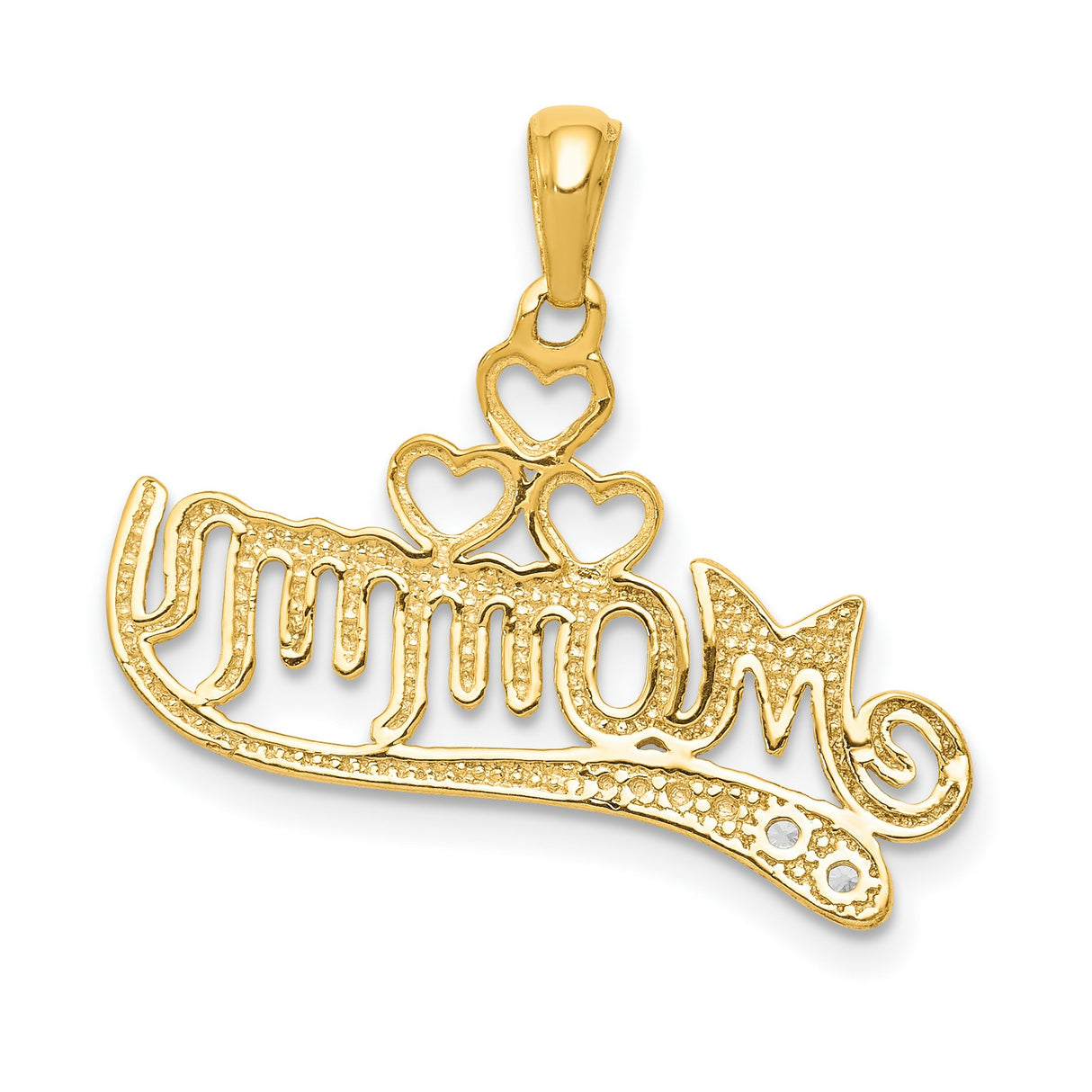 14k Yellow Gold Mommy Pendant with Diamond Cut Detailing and Three Open Hearts