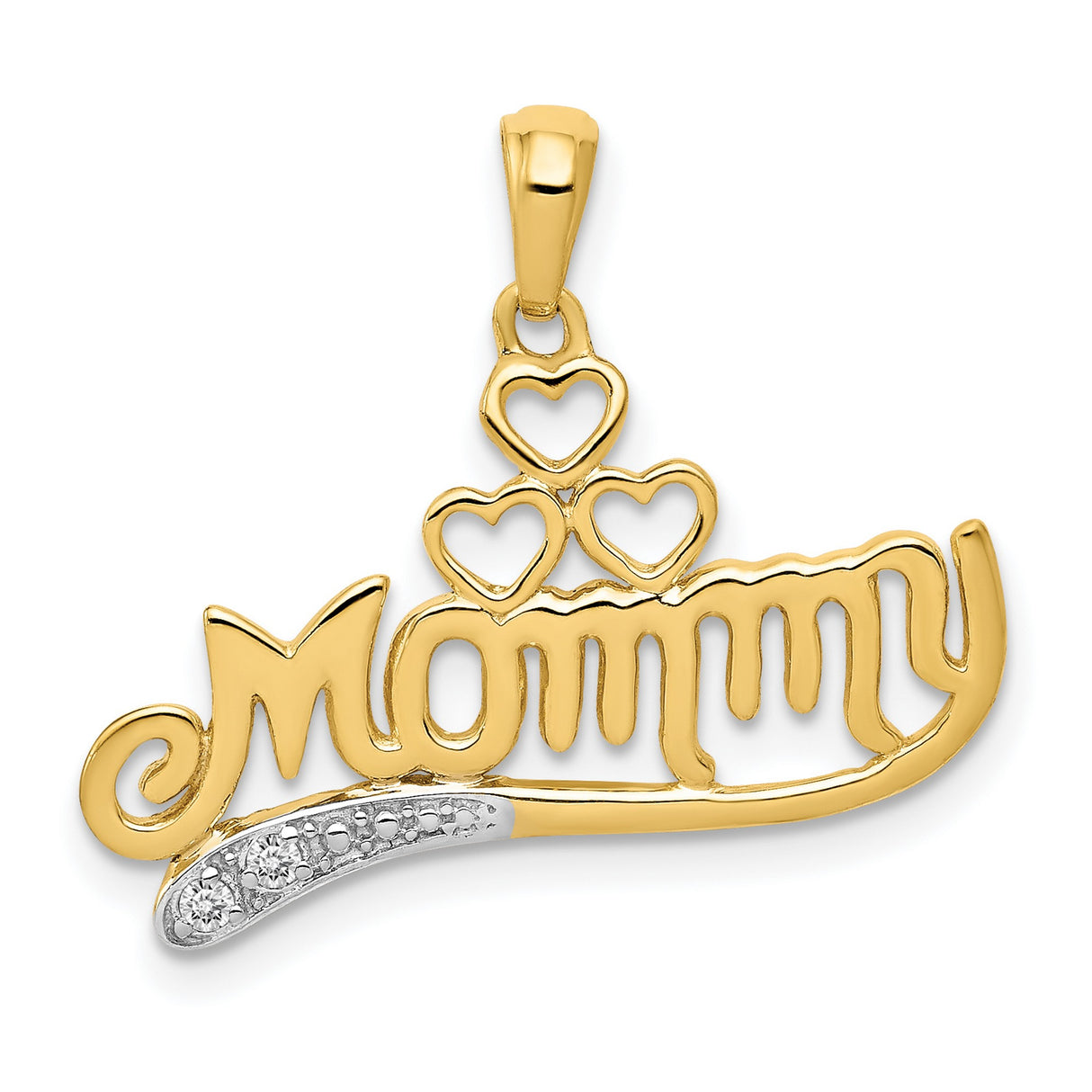 14k Yellow Gold Mommy Pendant with Diamond Cut Detailing and Three Open Hearts