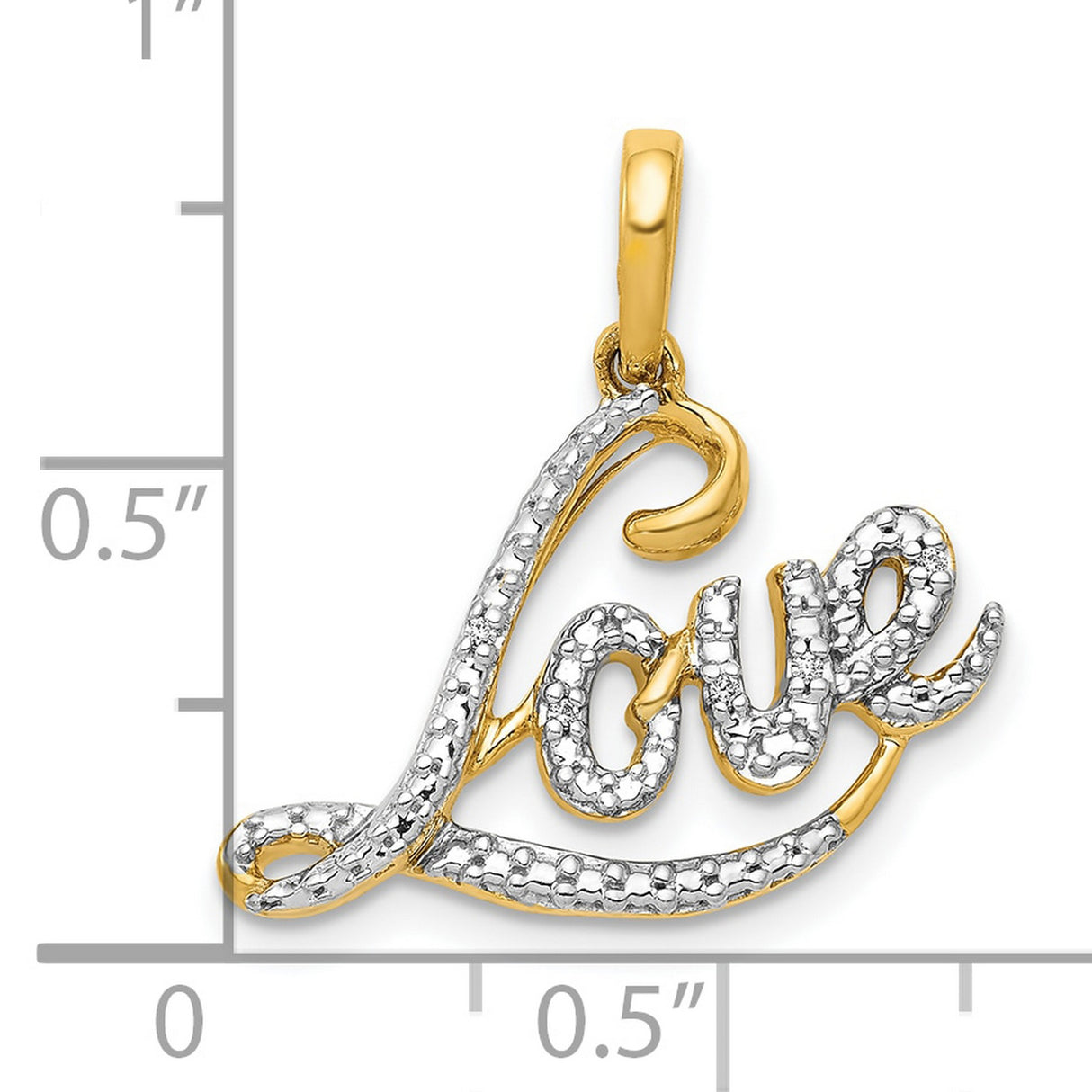 10k Multi-Tone Gold Love Pendant with Cursive Script and Textured Rhodium Accents