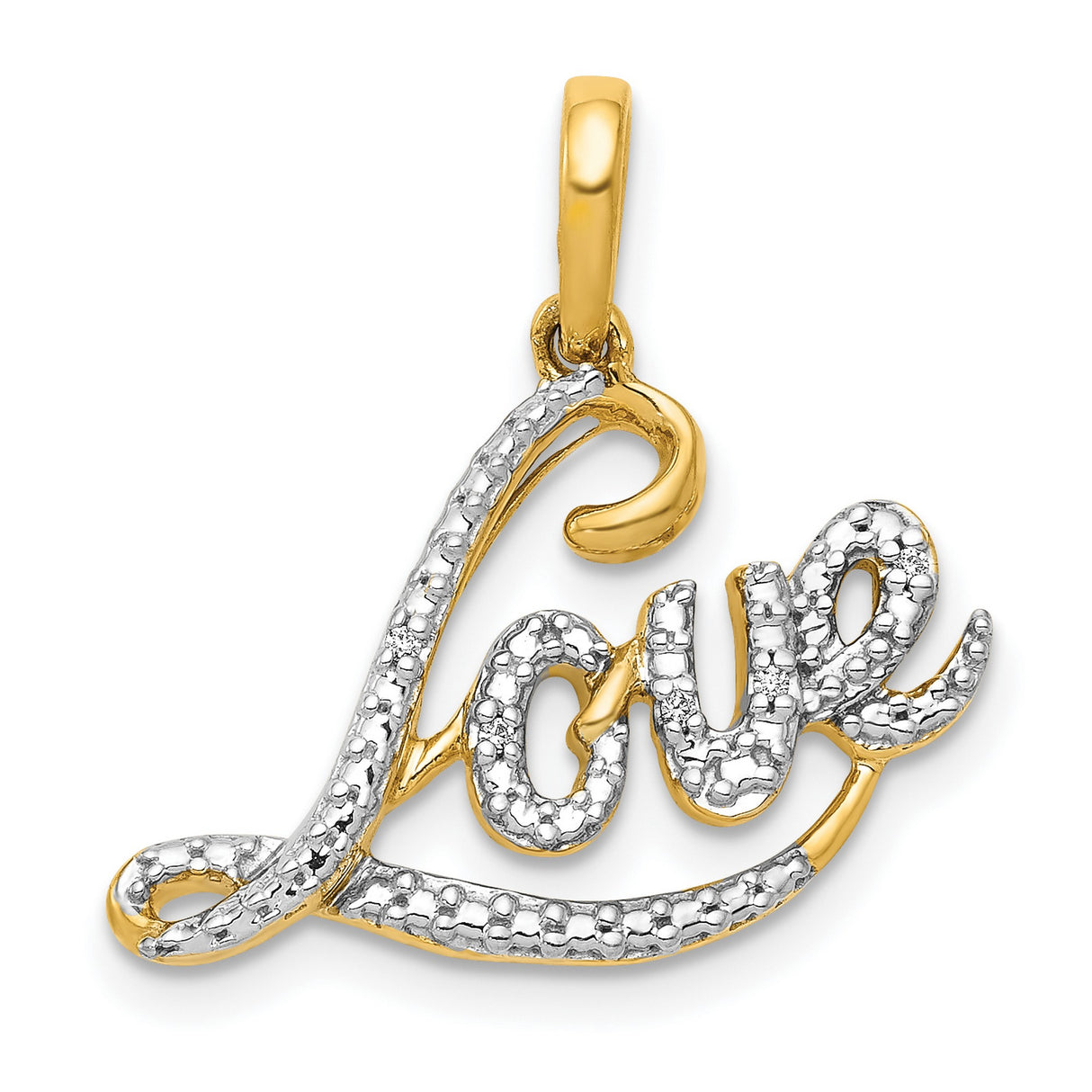 10k Multi-Tone Gold Love Pendant with Cursive Script and Textured Rhodium Accents