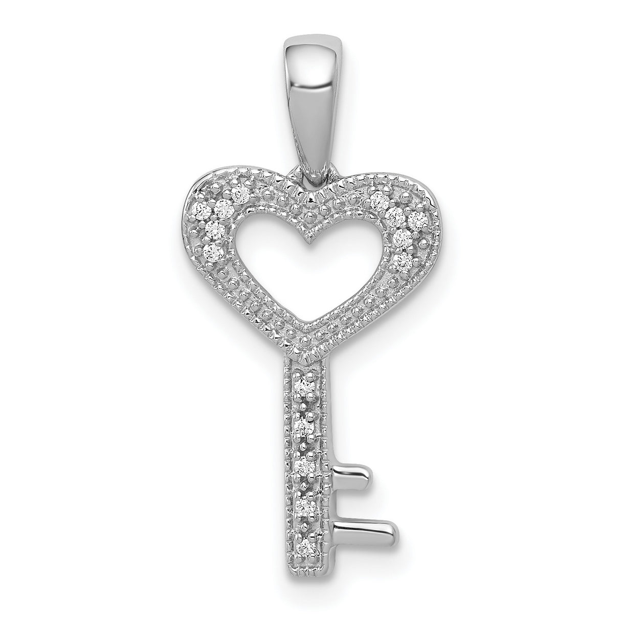 14k White Gold Heart Key Pendant with Pavé Diamonds, Romantic Fine Jewelry Charm