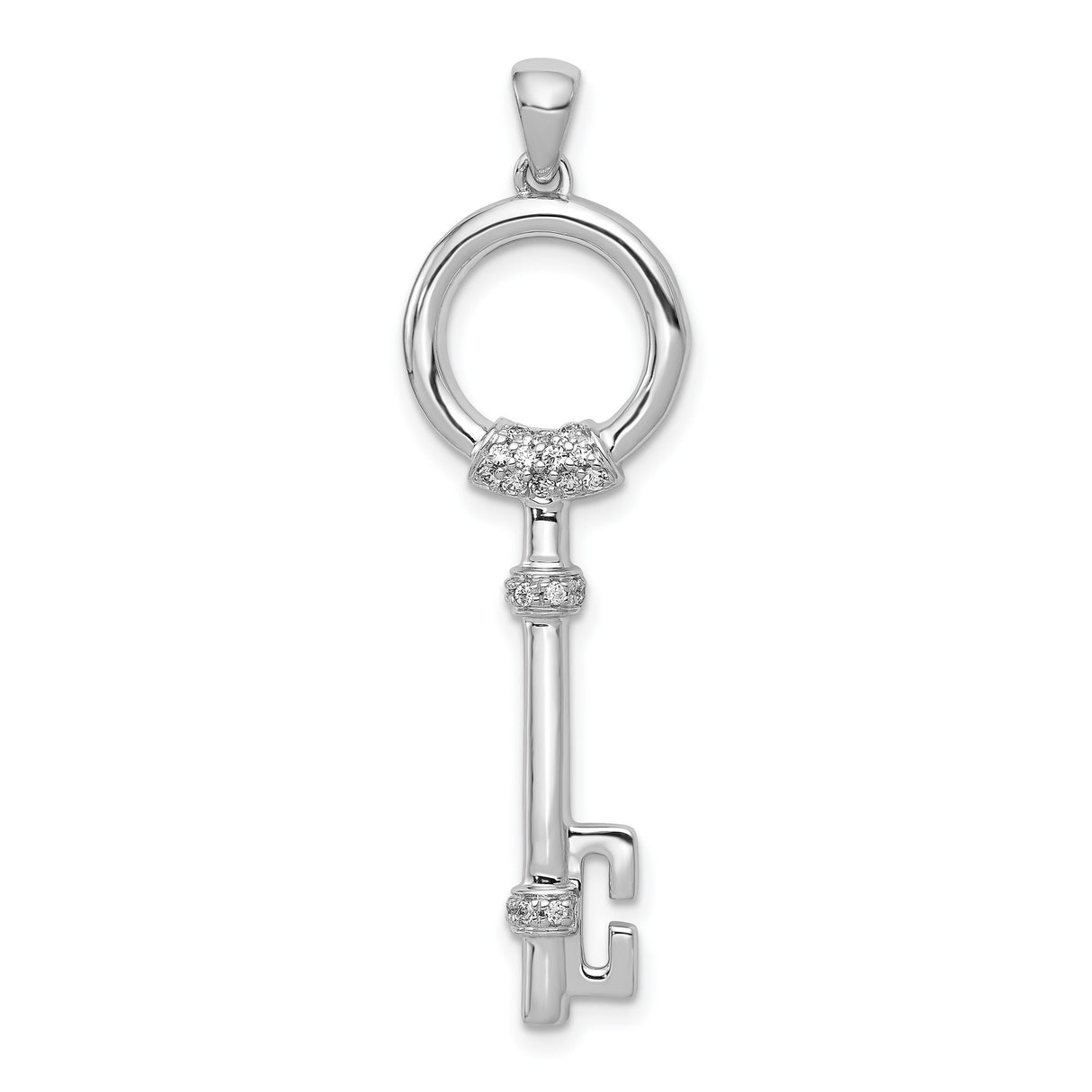 14k White Gold Key Pendant with Diamond Accents, Classic Skeleton Design for Women