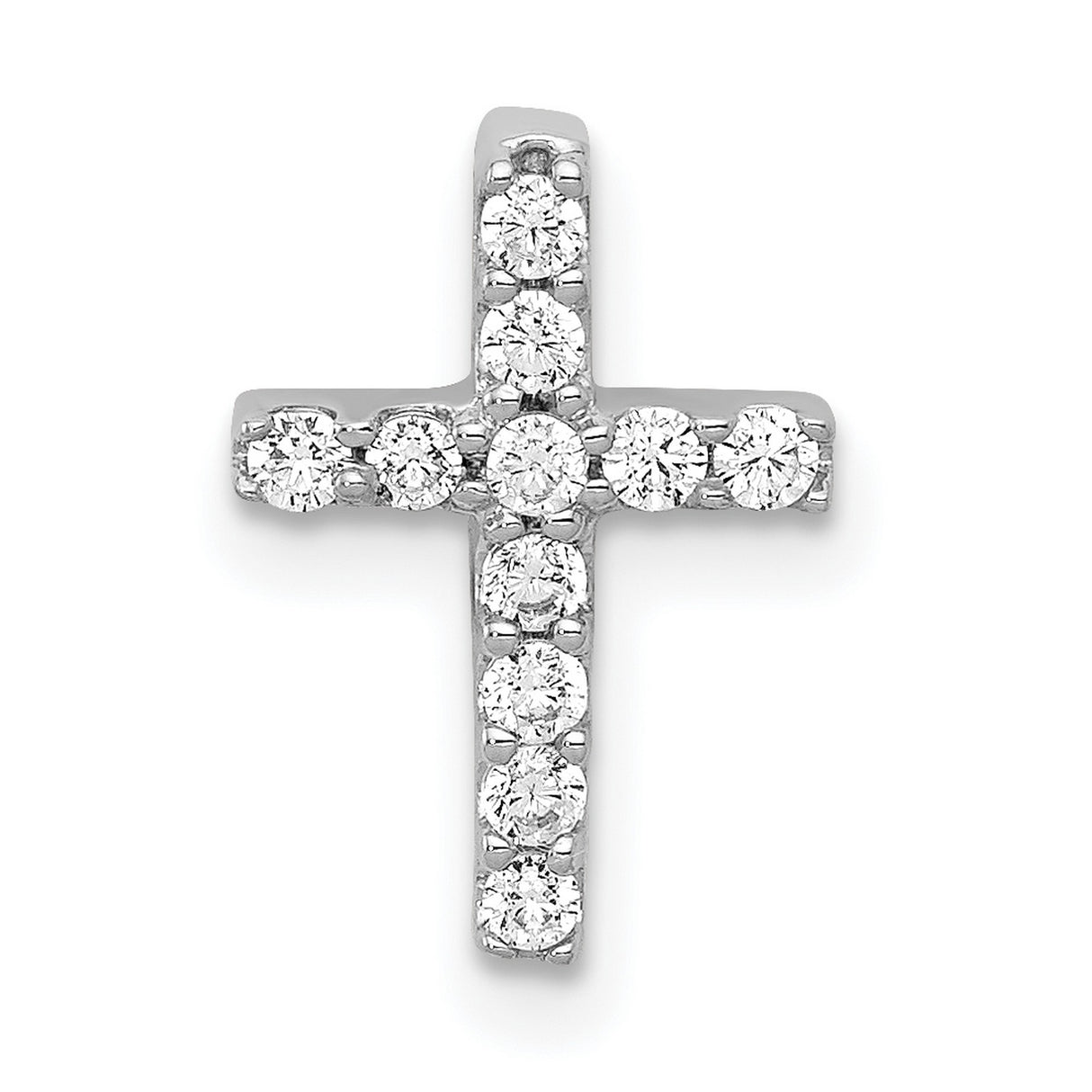 14k White Gold Cross Pendant with Round Cut Diamonds, Polished Minimalist Religious Charm