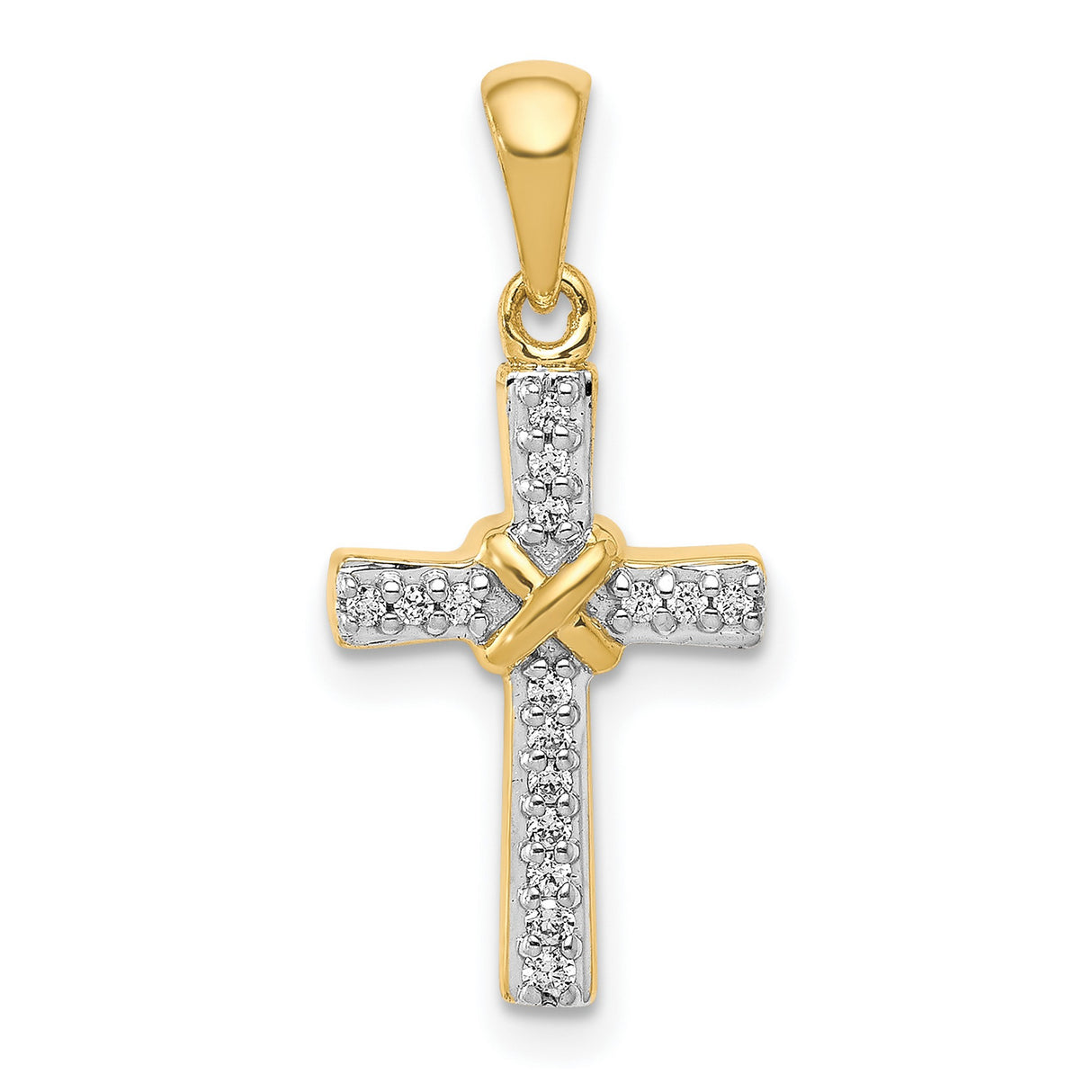 10k Yellow Gold Latin Cross Pendant with Diamond Accents, Polished Religious Charm