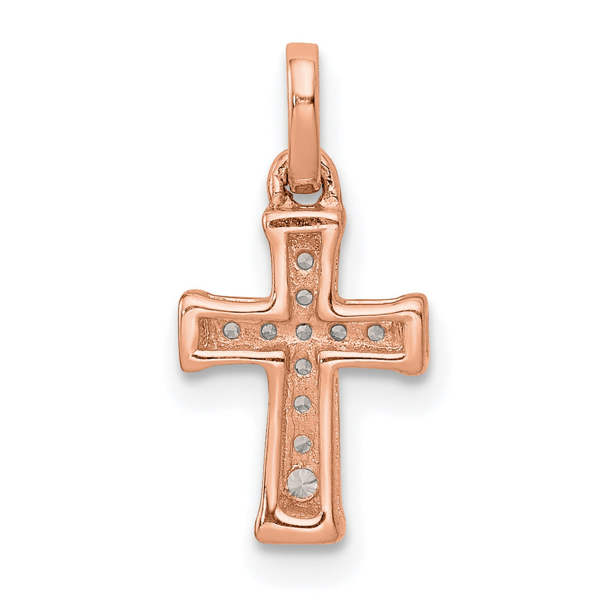 14k Rose Gold Cross Pendant with Diamond Accents, Beveled Edge Latin Cross Design