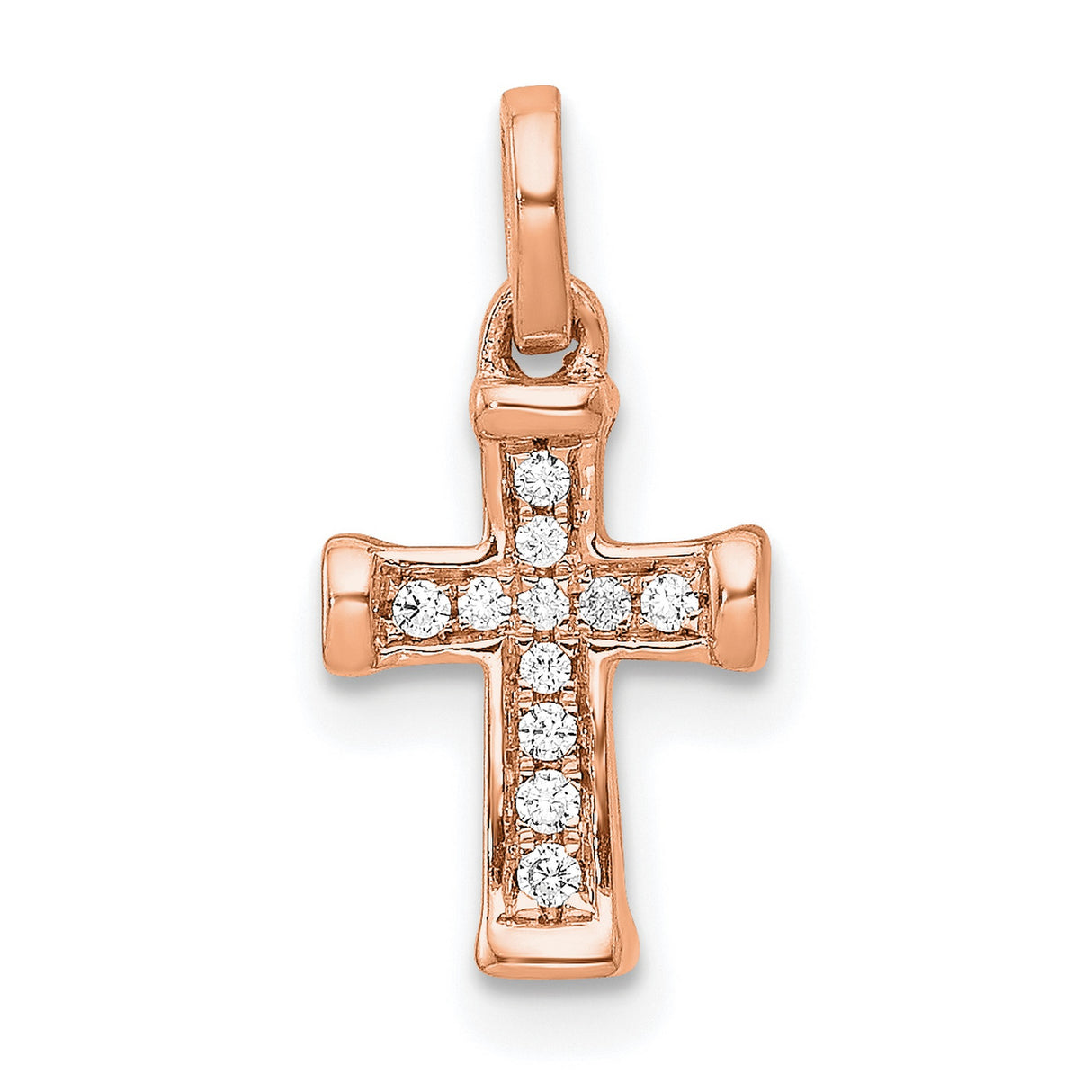 14k Rose Gold Cross Pendant with Diamond Accents, Beveled Edge Latin Cross Design