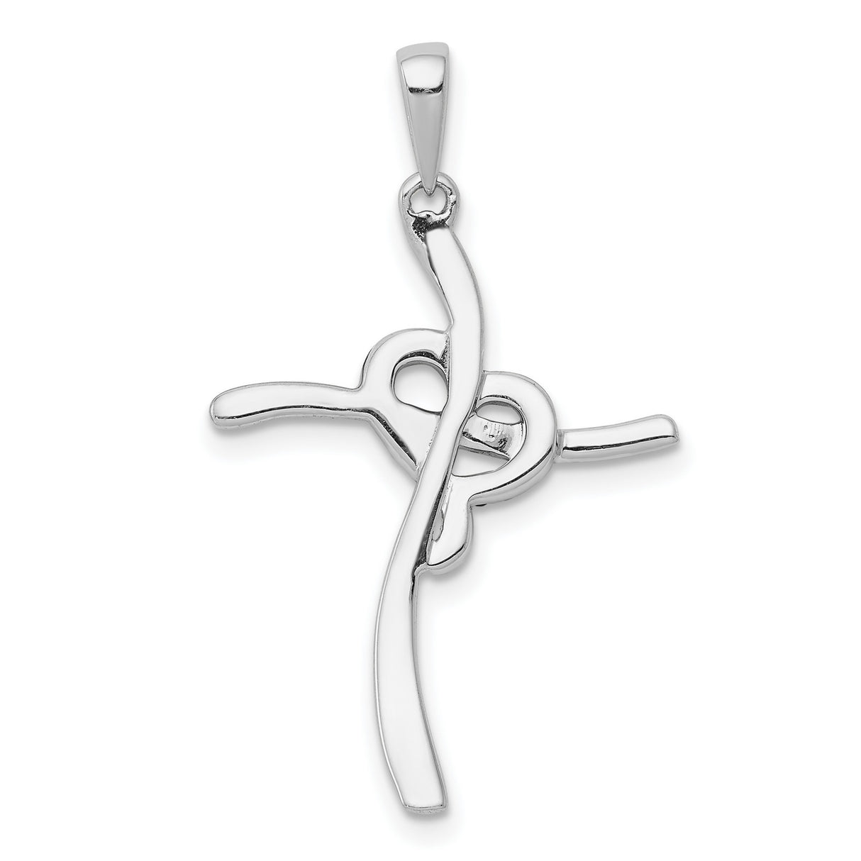 14k White Gold Diamond Heart Cross Pendant with Curved Arms and Flowing Design