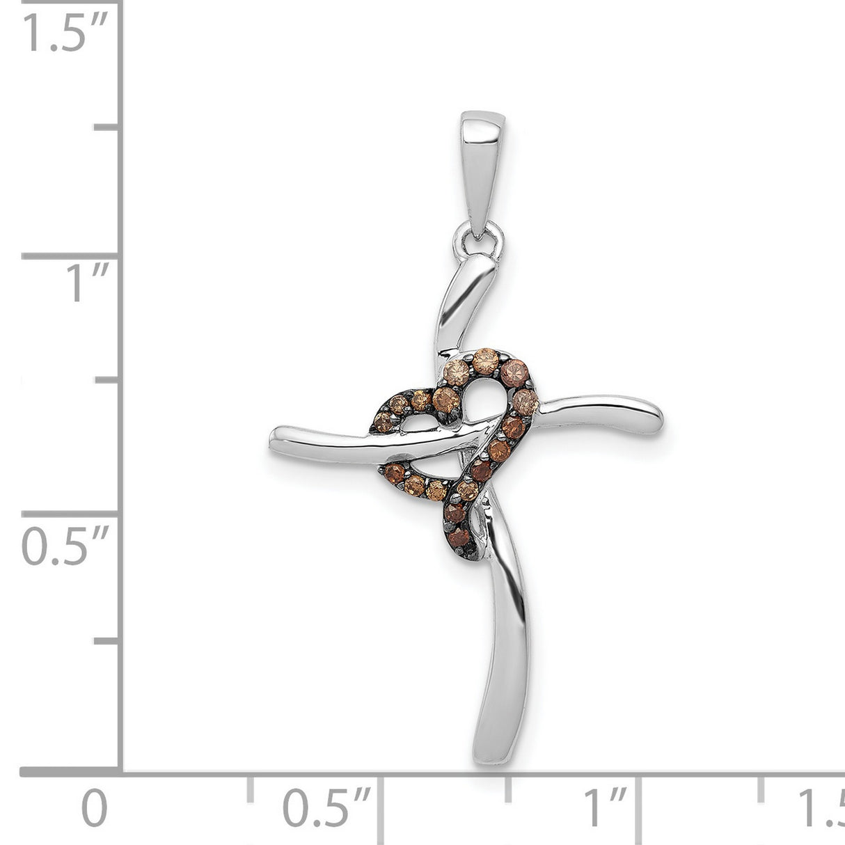 14k White Gold Diamond Heart Cross Pendant with Curved Arms and Flowing Design