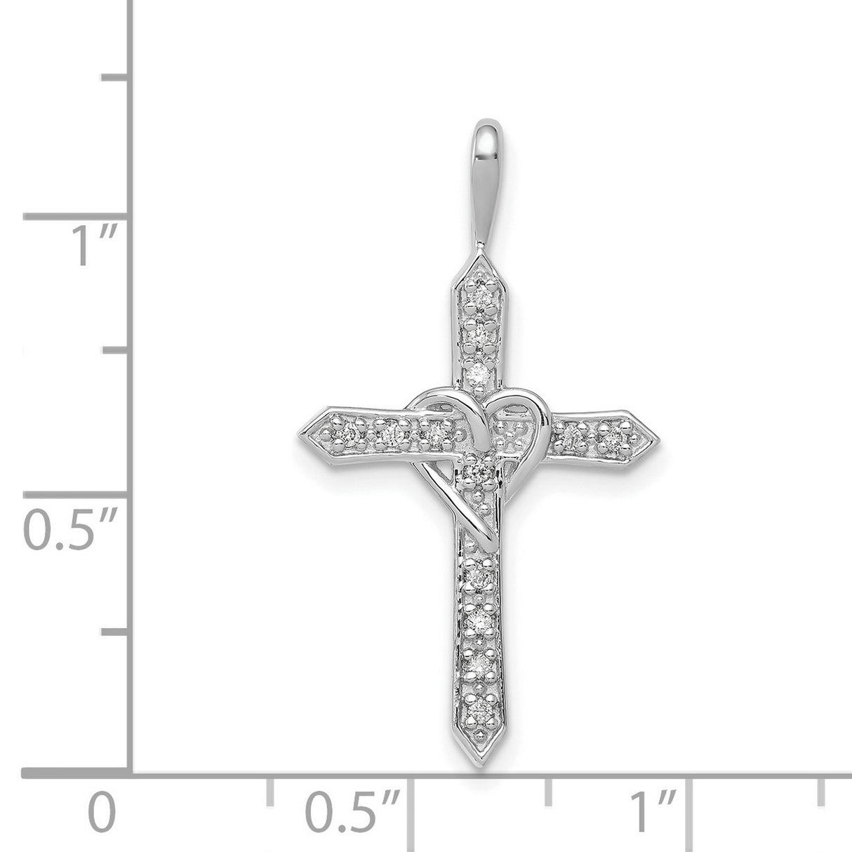 14k White Gold Diamond Cross Pendant with Heart Design and Arrow Tip Symbol