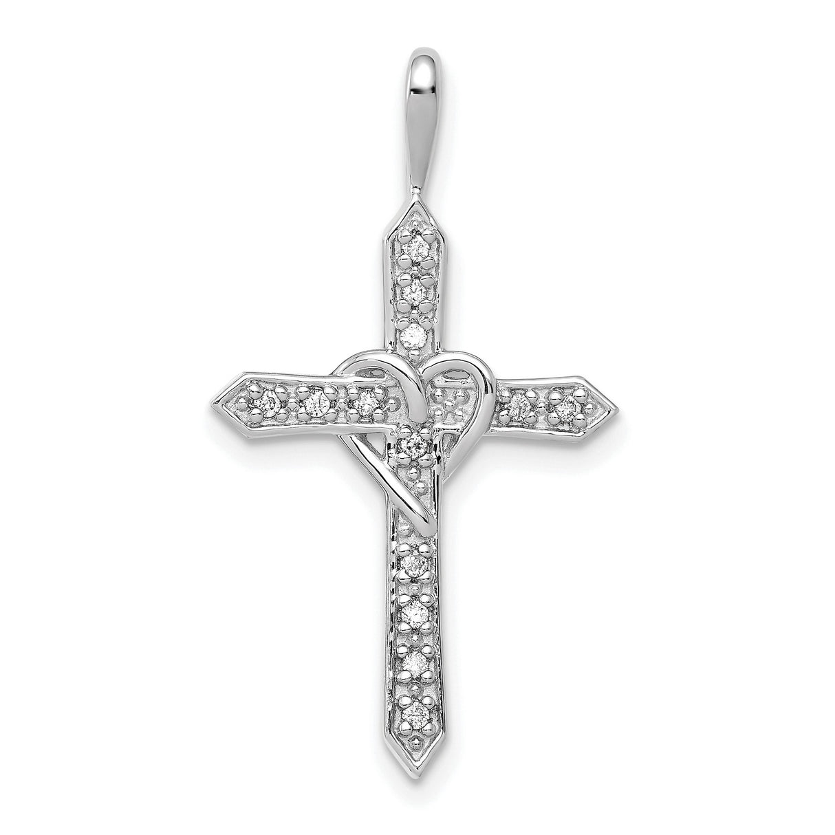 14k White Gold Diamond Cross Pendant with Heart Design and Arrow Tip Symbol