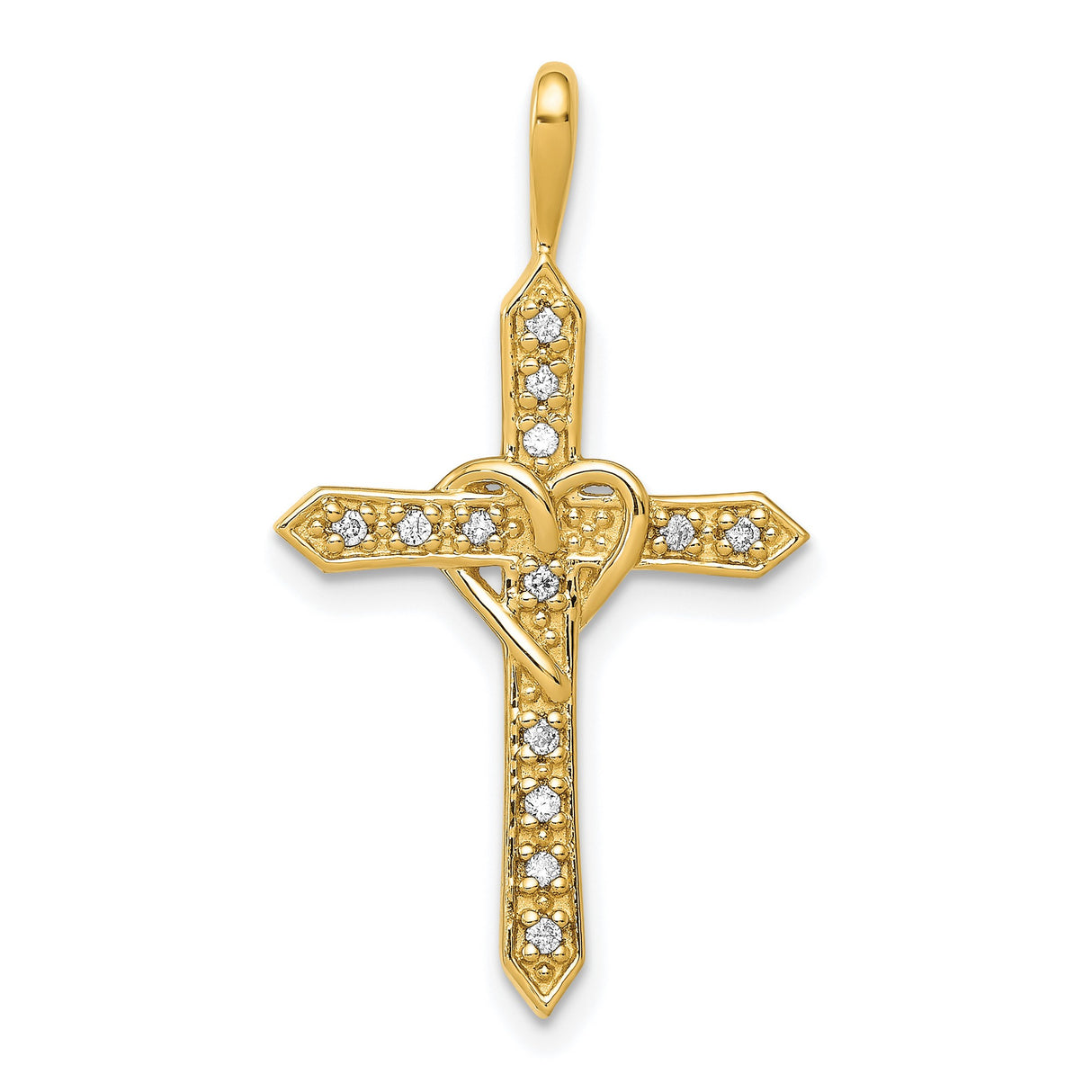 14k Yellow Gold Cross Pendant with Diamond Heart Detail, Spiritual Jewelry for Men and Women