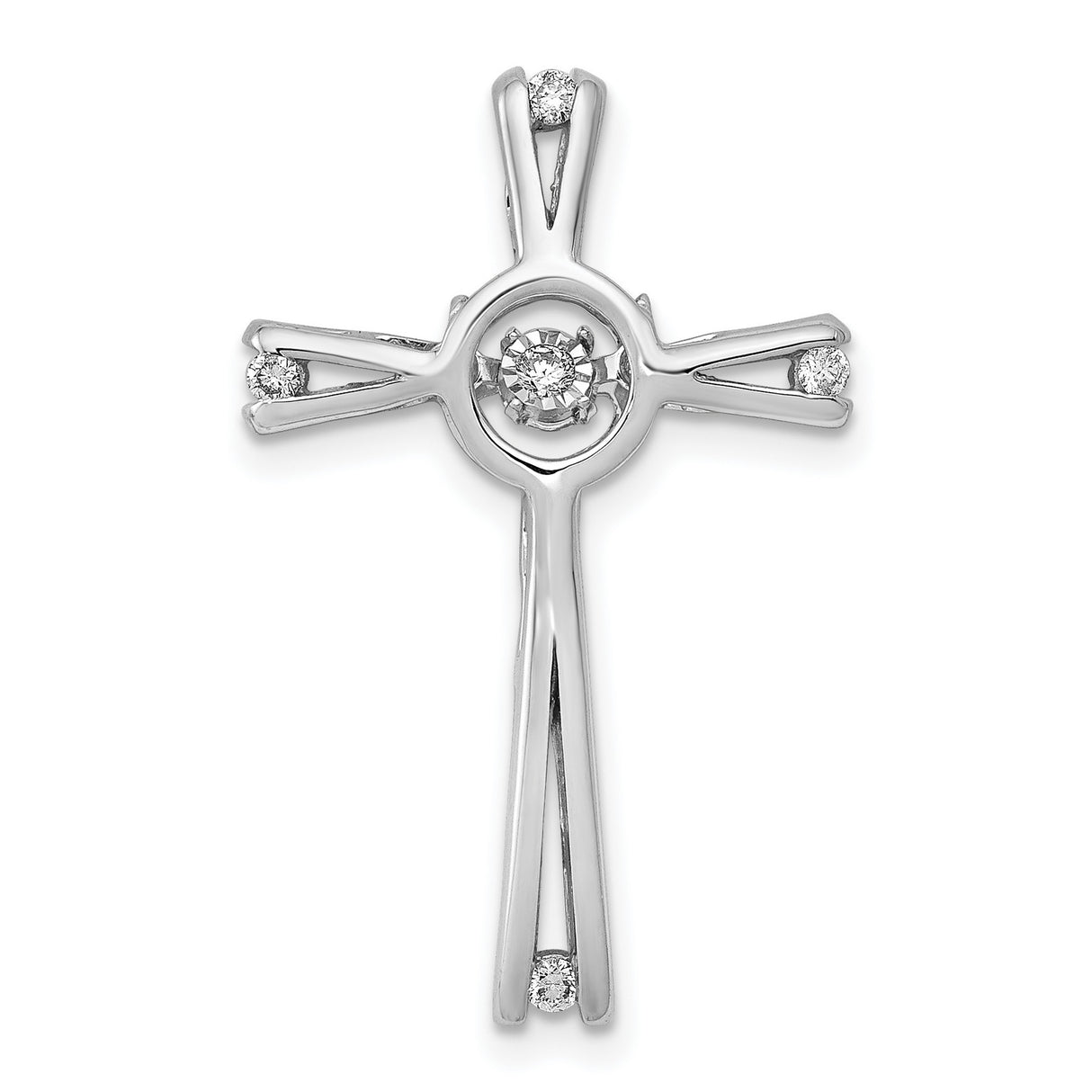 14k White Gold Cross Pendant with Moving Diamond Center, Modern Minimalist Faith Jewelry