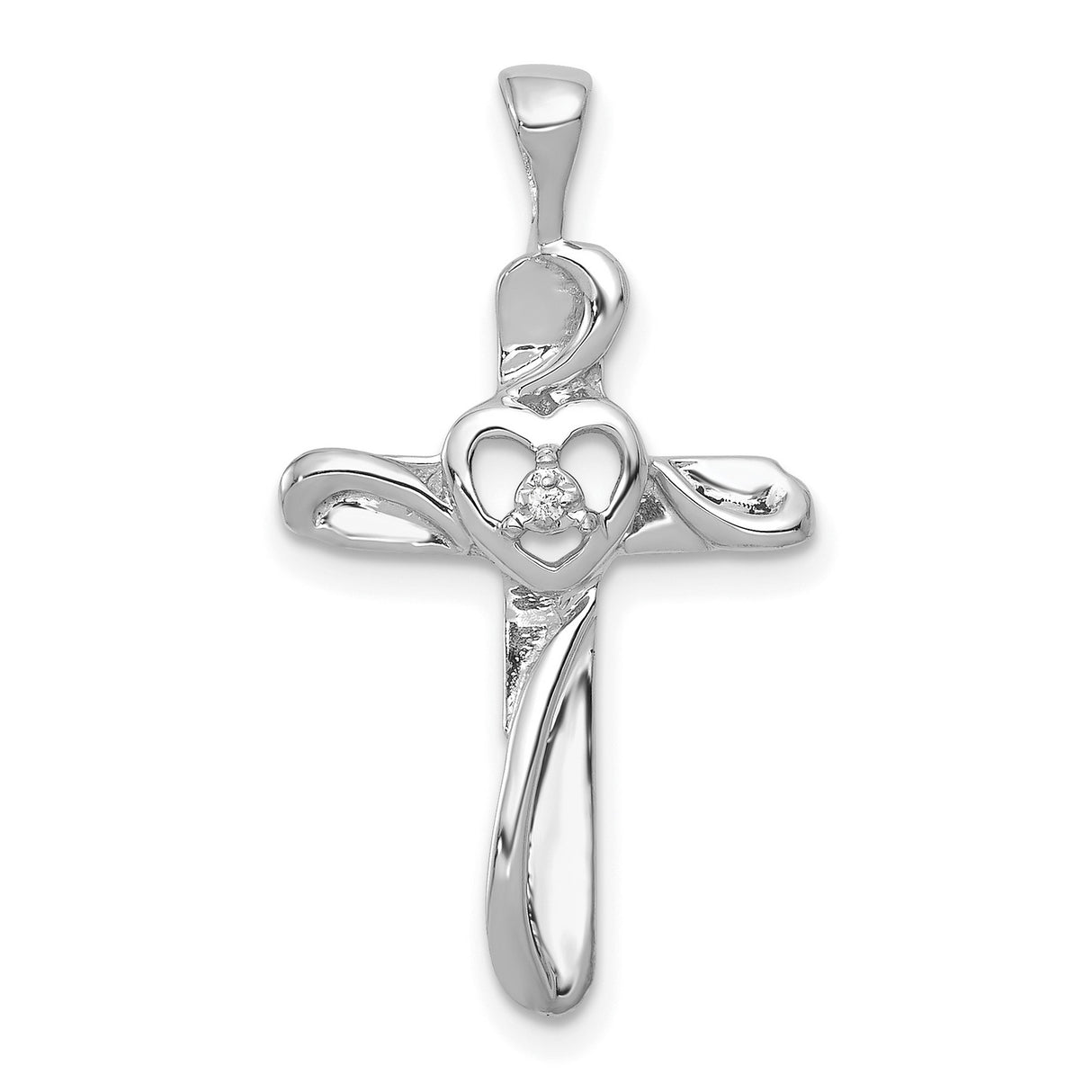 14k White Gold Cross Pendant with Diamond Accents, Trinity Knot and Heart Detail