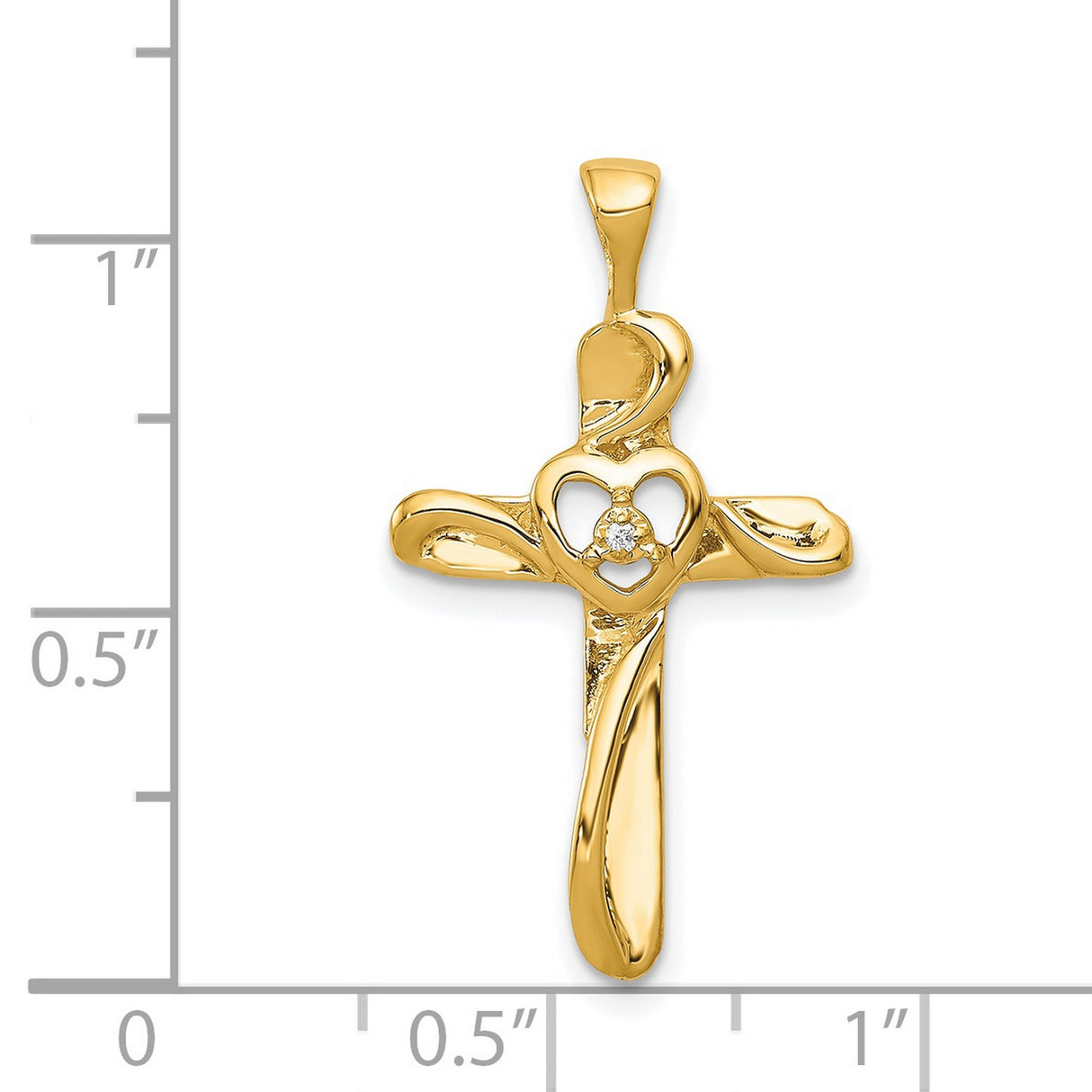14k Yellow Gold Cross Pendant with Diamond, Open Heart Design, Religious Jewelry