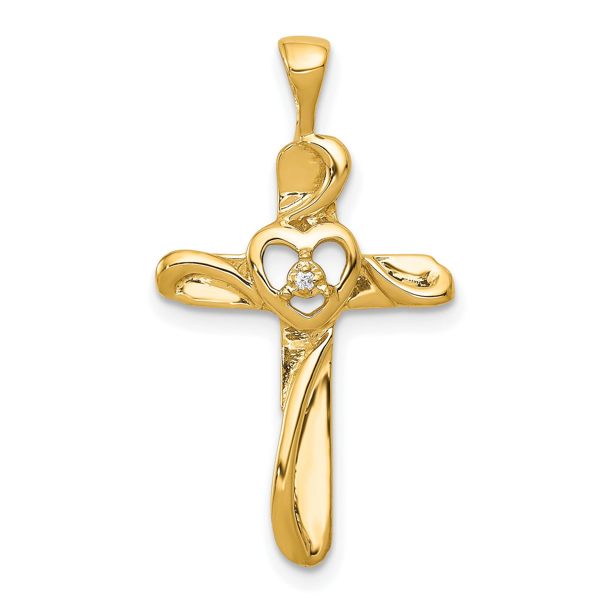 14k Yellow Gold Cross Pendant with Diamond, Open Heart Design, Religious Jewelry