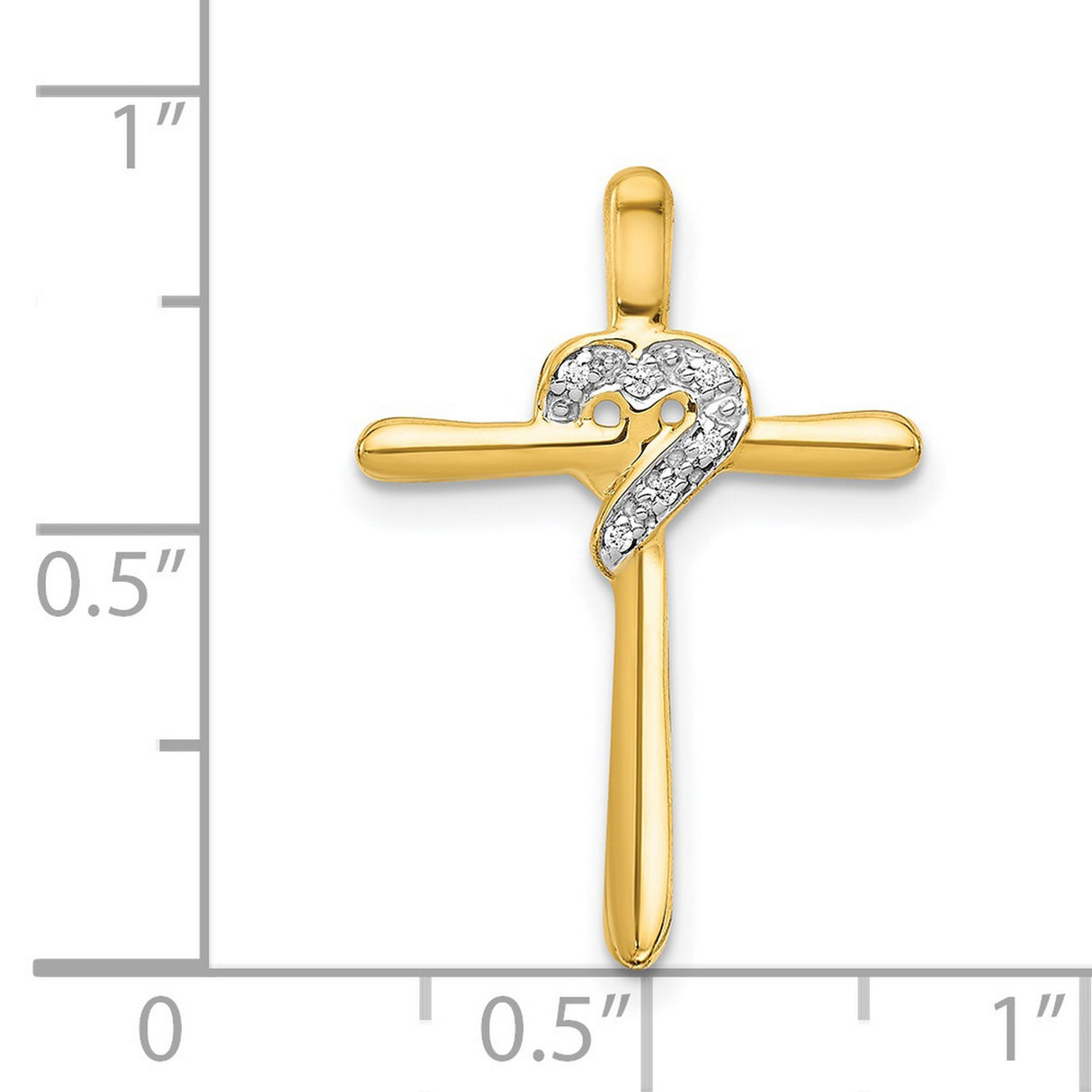14k Yellow Gold Cross Pendant with Diamond Heart Accent, Polished Religious Charm