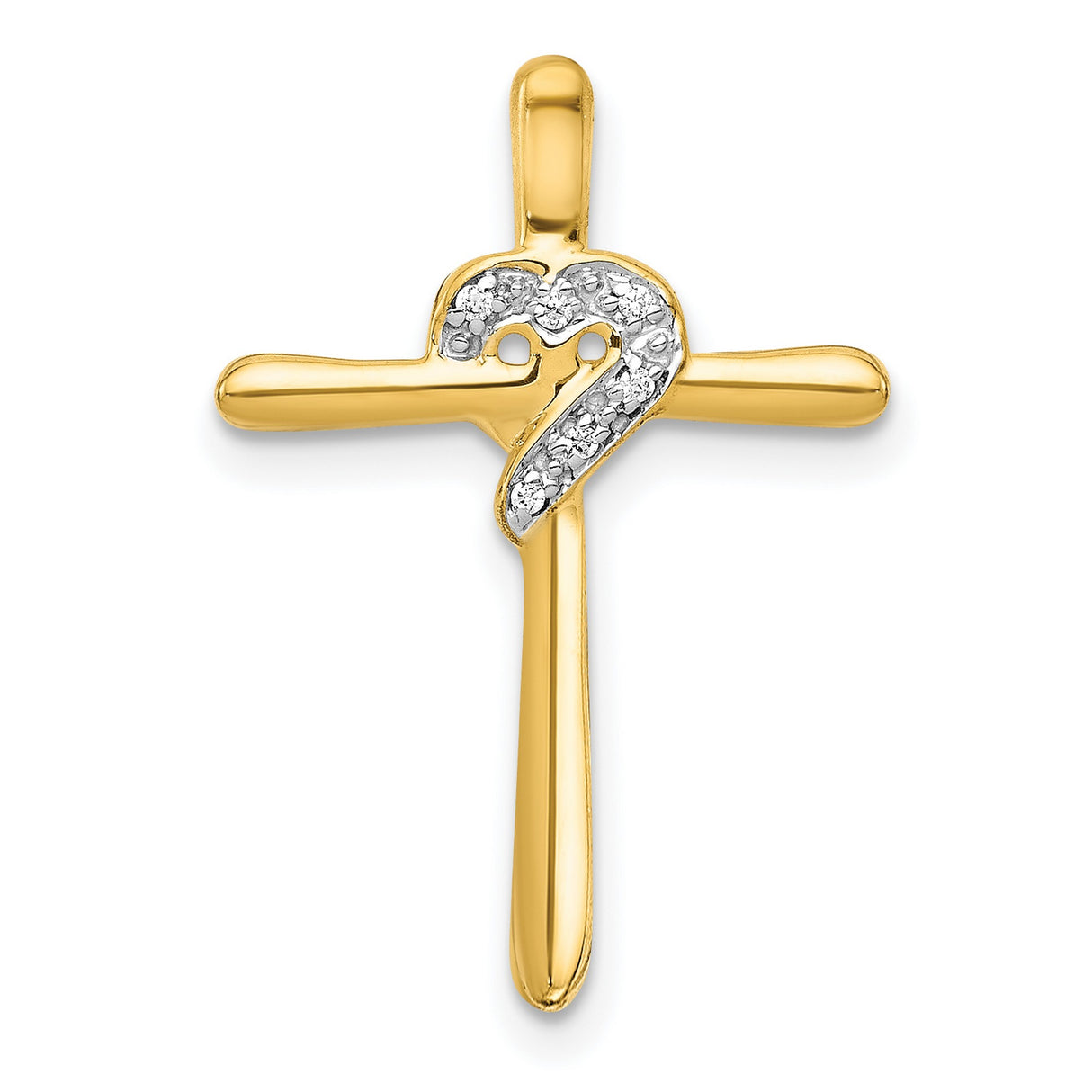 14k Yellow Gold Cross Pendant with Diamond Heart Accent, Polished Religious Charm