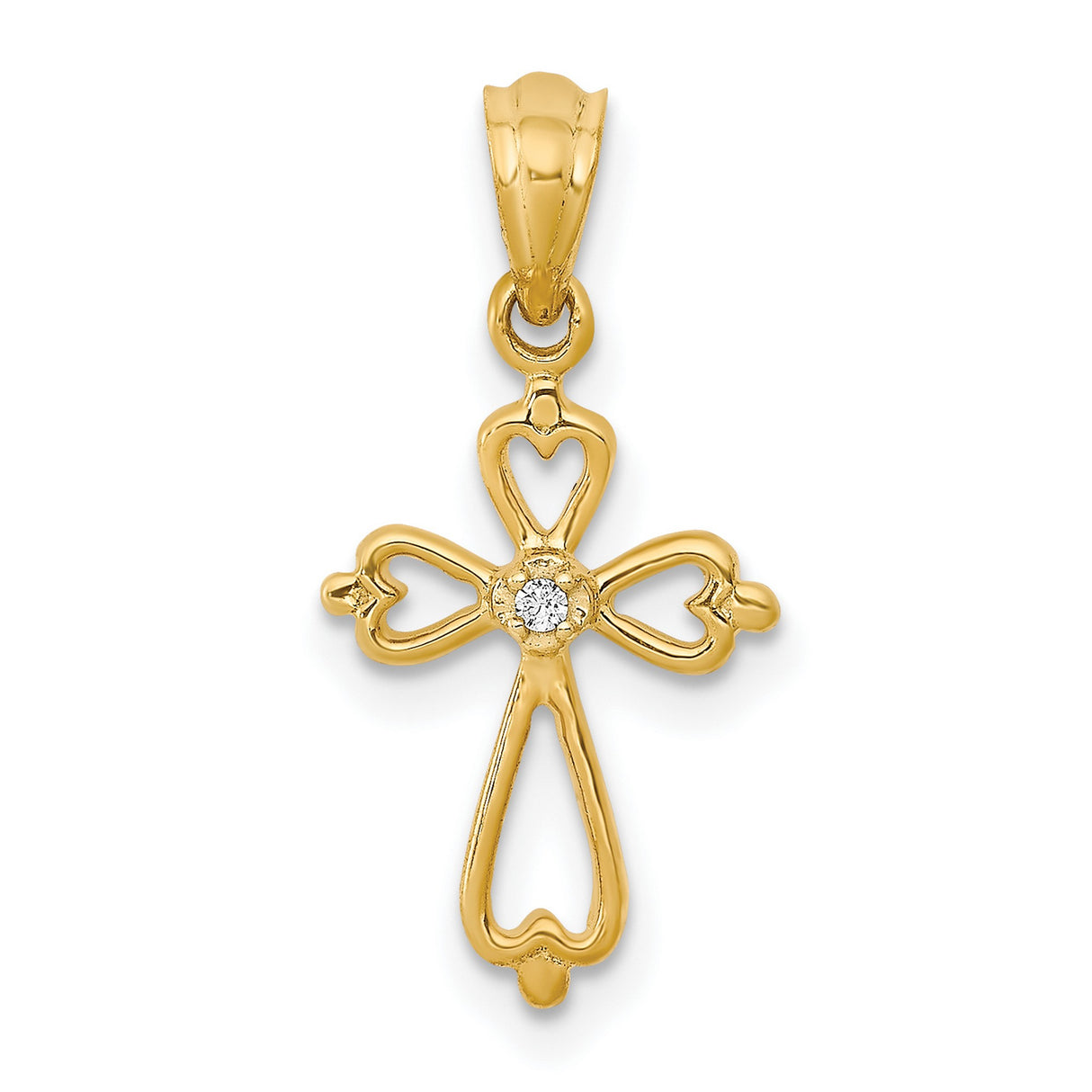 10k Yellow Gold Cross Pendant with Diamond Accents and Heart Openwork Design